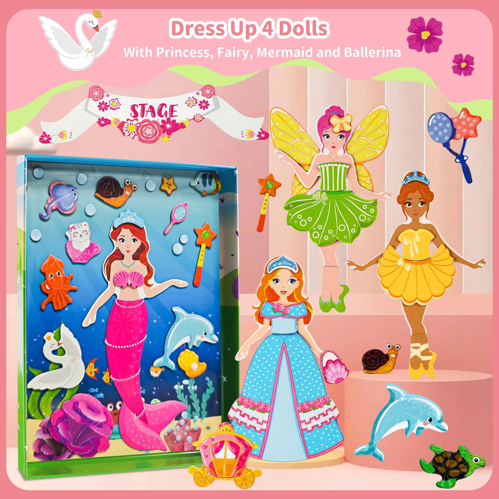 Muñecas magnéticas de vestir para niñas, kits de vestir con 82 piezas magnéticas, bailarina, sirena, juegos de viaje, viajes por carretera, avión, juguetes de actividad para niñas de 3, 4, 5, 6, 7