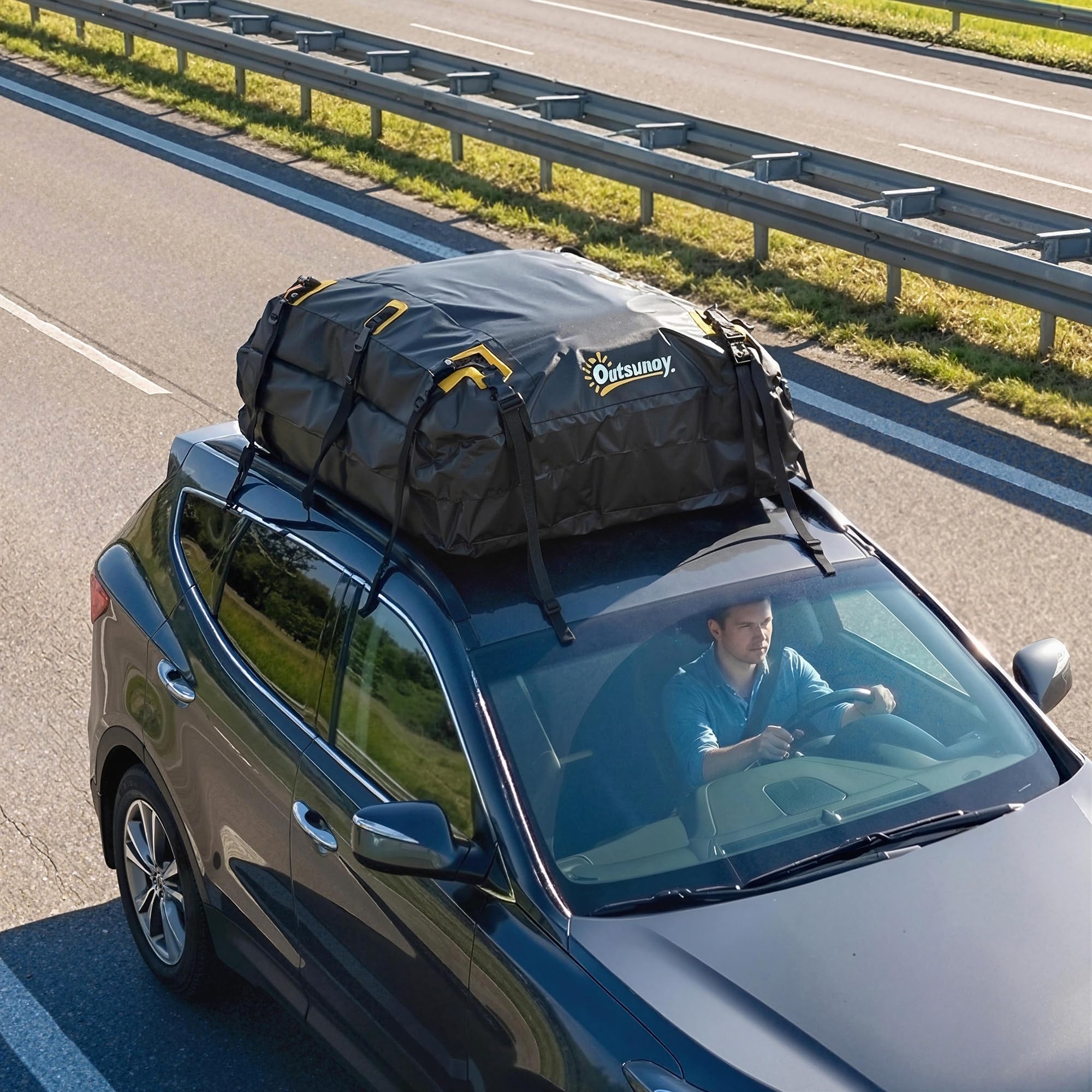 Outsunny Sac de Toit Voiture Étanche 21 Pieds Cubes Coffre de Toit Souple Universel - Grand Sac de Voyage avec 10 Sangles et Cadenas - Porte-Bagages de Toit pour Auto SUV et Camping en Famille, Noir