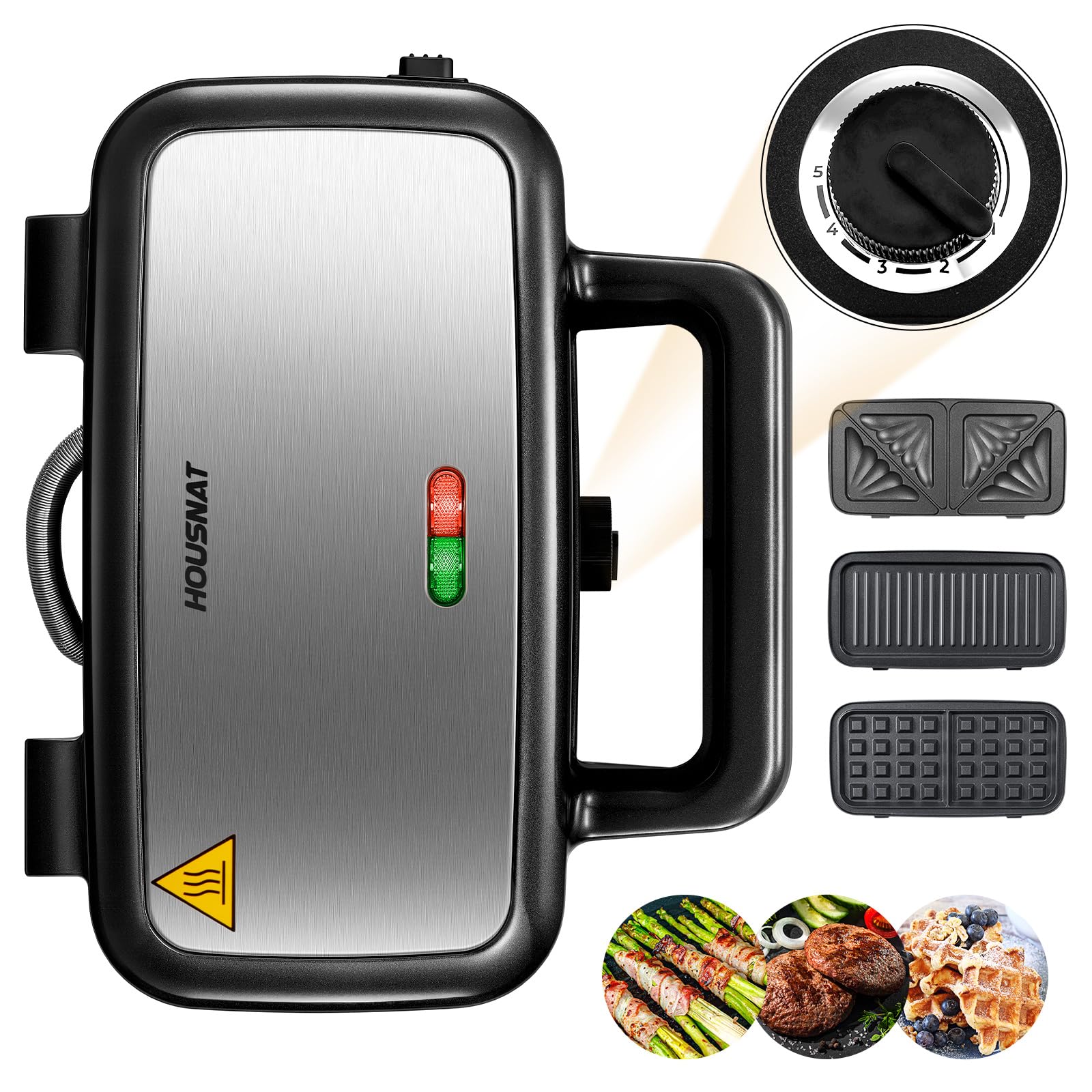 Sandwichera 3 en 1, 1200W Gofrera, Grill Sandwichera Plancha con Interruptor de Seguridad, 3 Placas Antiadherentes y Extraíbles, Control de Temperatura de 5 Velocidades y Manija Cold Touch