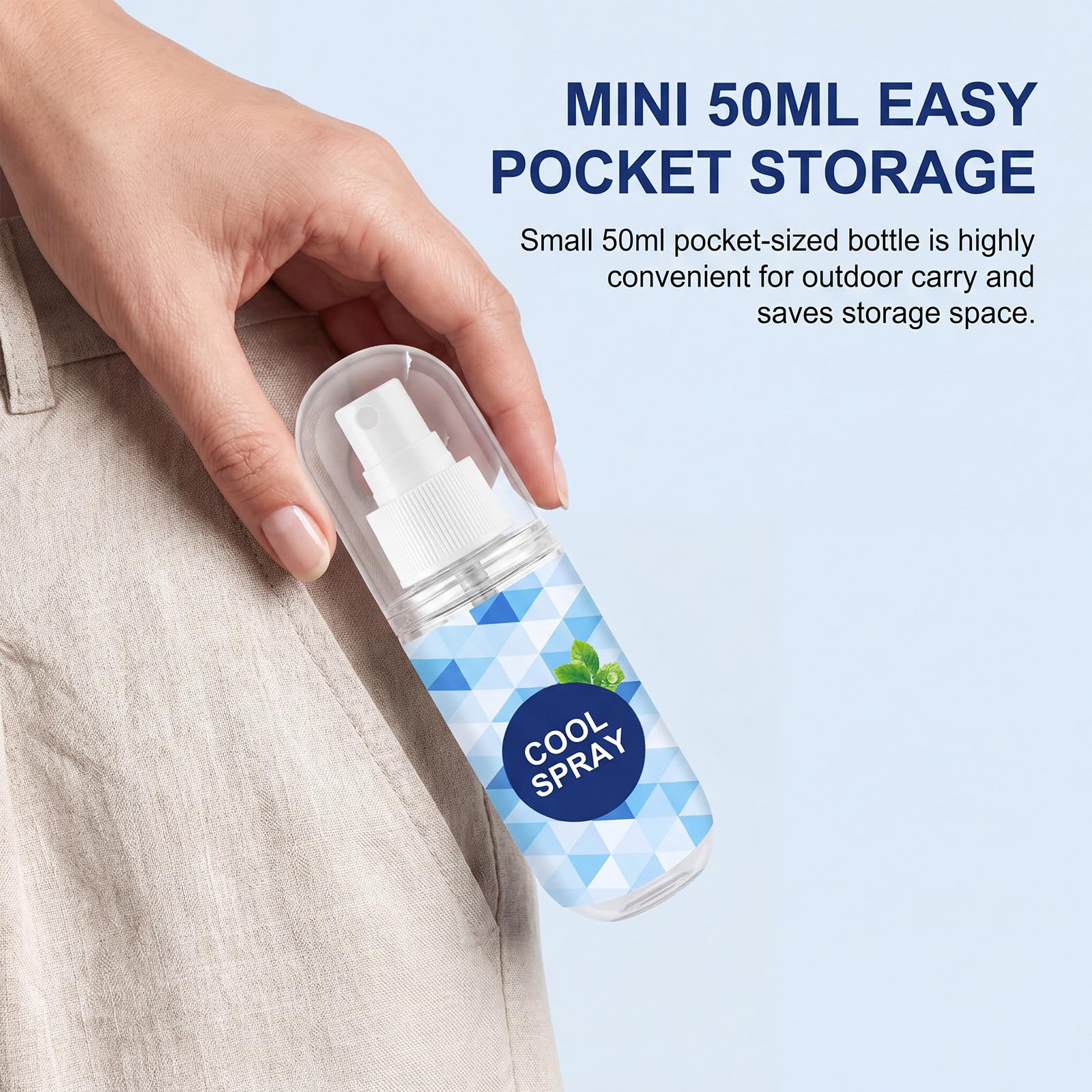 Przenośny 50 ml odświeżający zapach mięty szybkoschnący nietłusty spray chłodzący, natychmiastowe mgiełki łagodzące ciepło, fajny artefakt na kemping, mróz do uprawiania sportu, przedmioty chłodzące