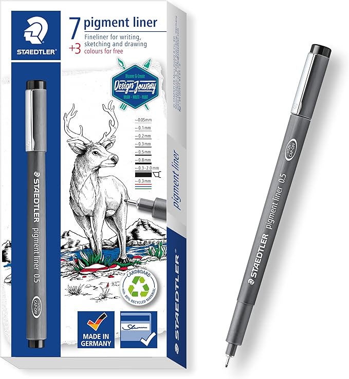 Staedtler Pigment Liner in unterschiedlichen Linienbreiten mit 3 Liner Gratis, dokumentenechte Pigmenttinte, Lange Lebensdauer, 7 Linienbreiten mit 3 bunte Liner, Mehrfarbig, 1 Stück (1er Pack)