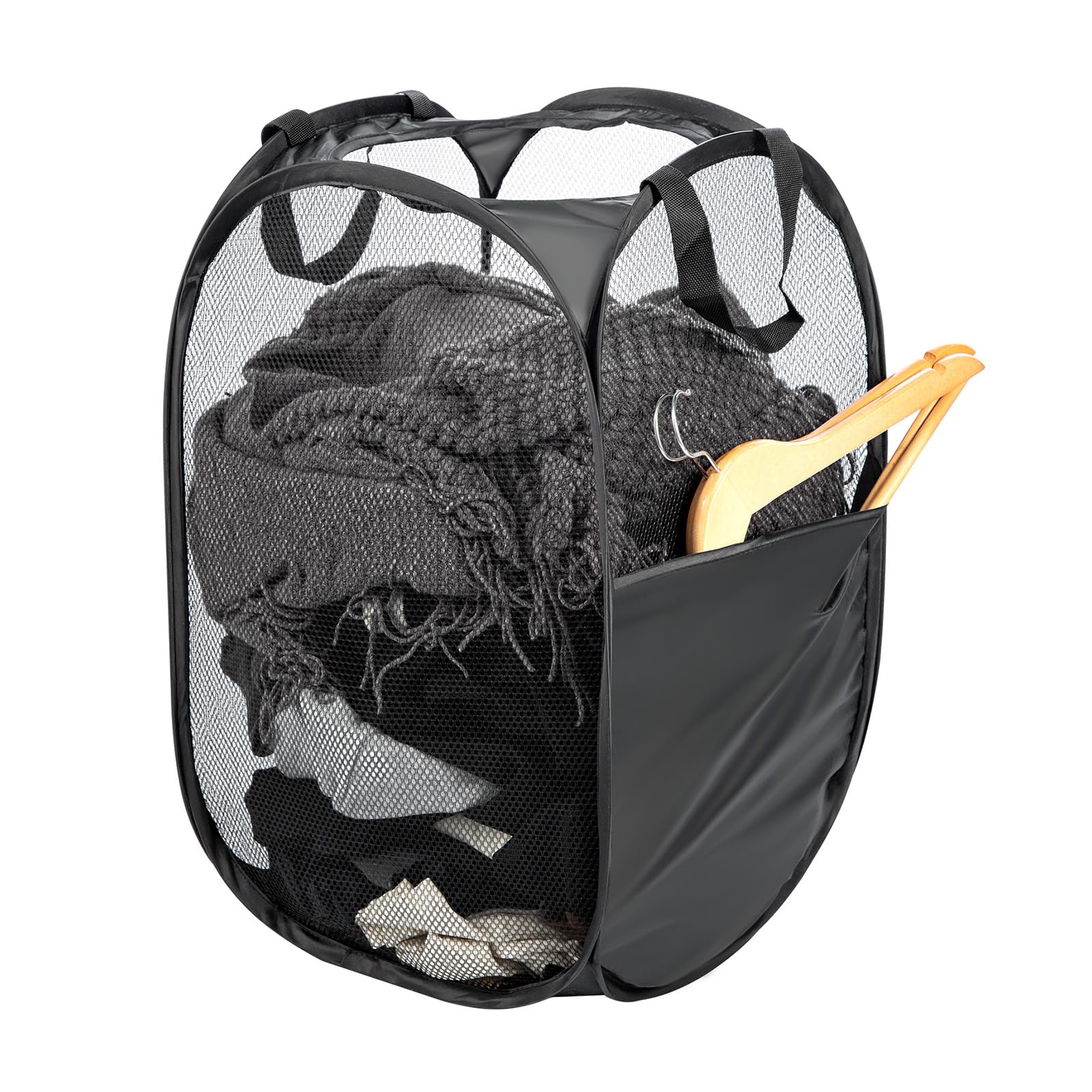 LN COZY CORNER 75L Large Collapsible Laundry Baskets Foldable Mesh Pop-Up Hamper with Reinforced Handles & Side Pocket Space-Saving Washing Basket for Bathroom Bedroom Dorm Travel Black