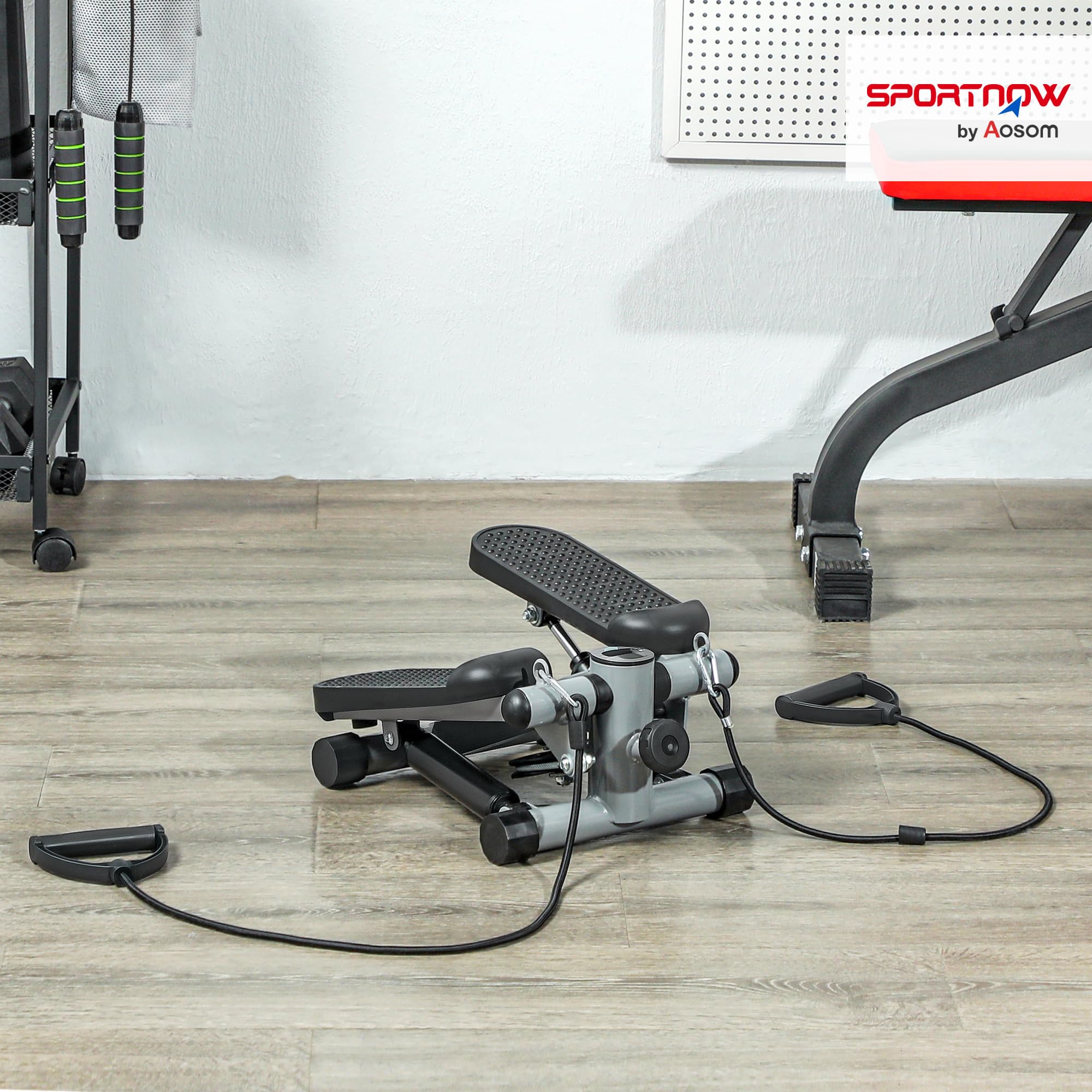 SPORTNOW 2 in 1 Mini-Stepper für Zuhause mit LCD-Display, Stepper Hometrainer mit Power Ropes, Up-Down Swing Stepper für Bein-/Armtraining bis 100 kg, Home Office Fitness Exercise, Grau