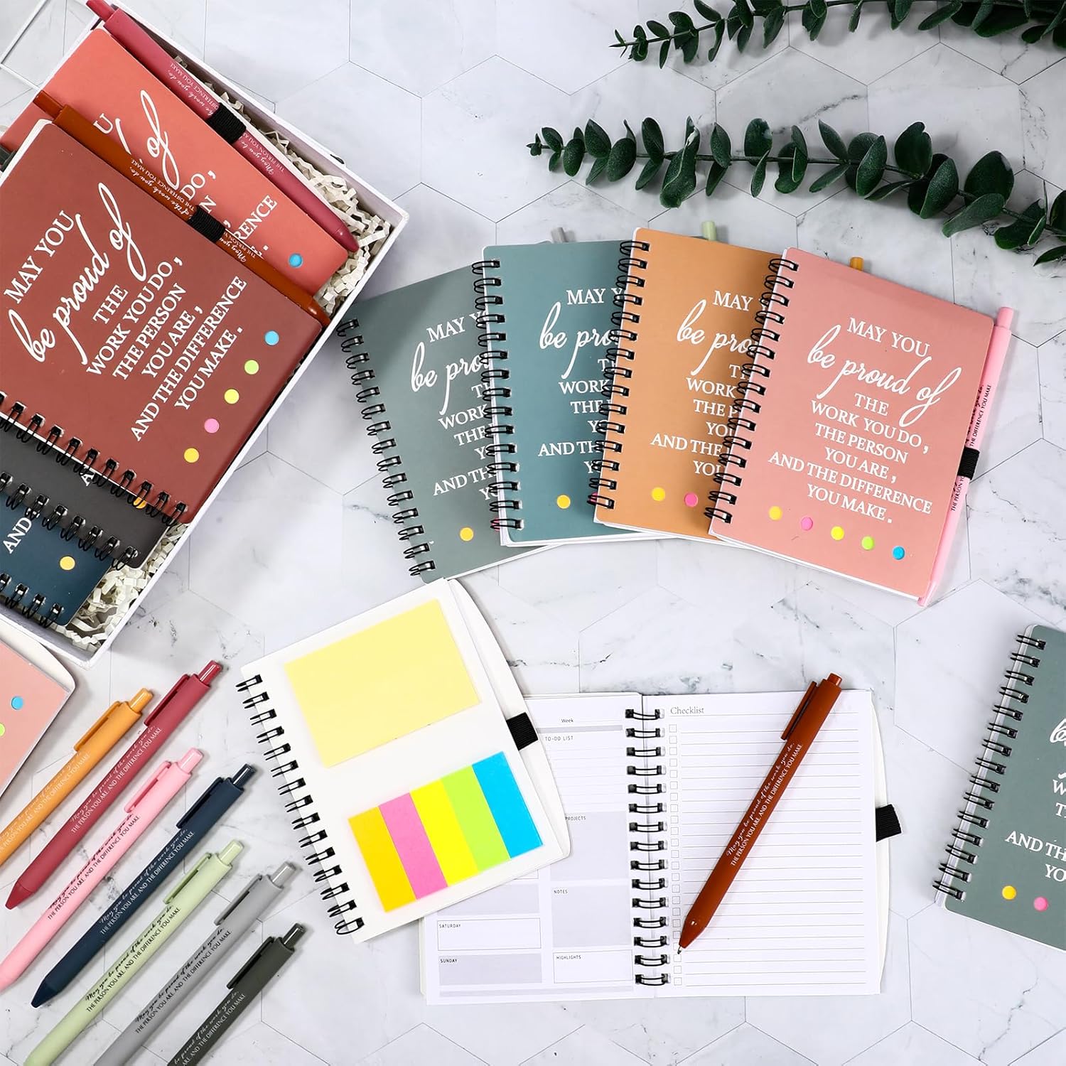 Resurhang 48 Pcs/24 Set Employee Appreciation Gift for Coworkers Staff Teacher Positive A6 Spiral Journal Notebook with Pen for Team Volunteer Week Lab Week(Fresh Color,May You)