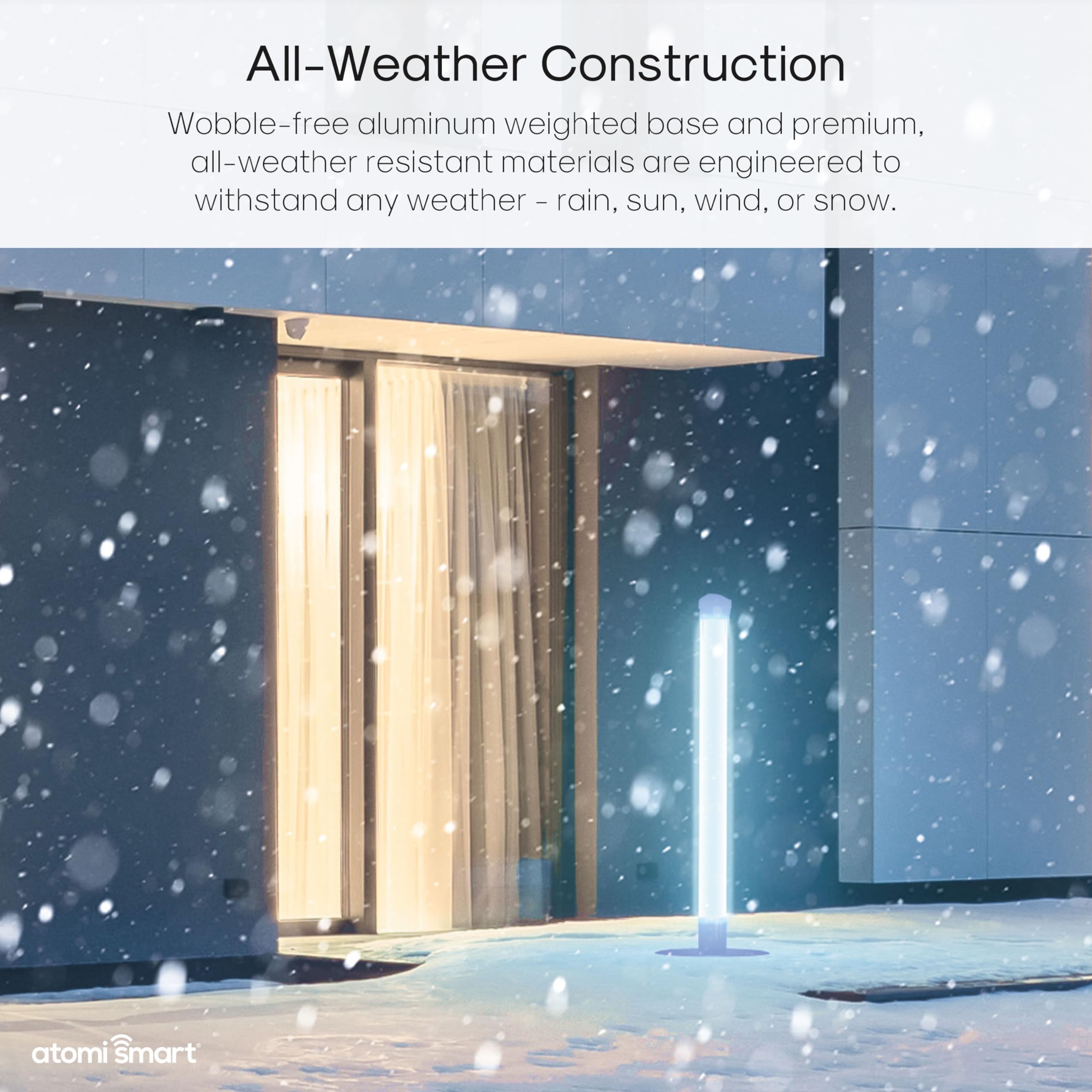 Atomi Smart WiFi LED Outdoor Floor Lamp standing in a snowy outdoor environment, demonstrating its all-weather construction.