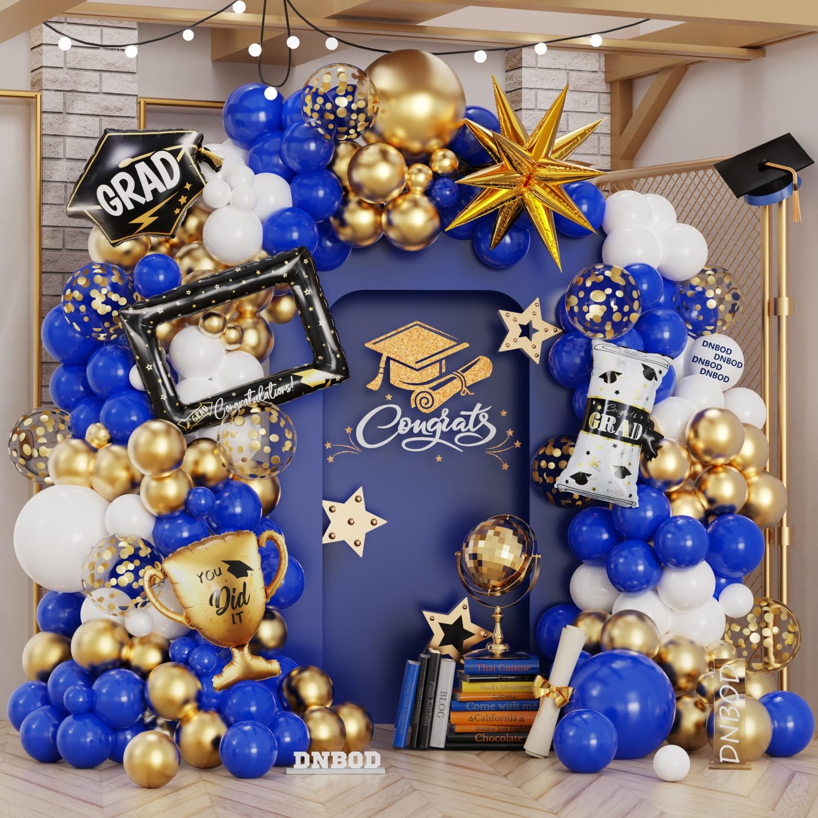 Photo 1 of 135Pcs Royal Blue Gold White Graduation Balloon Garland Arch Kit,with Explosion Star,Diploma,Trophy,Grad Hat,Photo Frame Foil Balloon for Class of 2026 Graduates Celebration Party Decoration