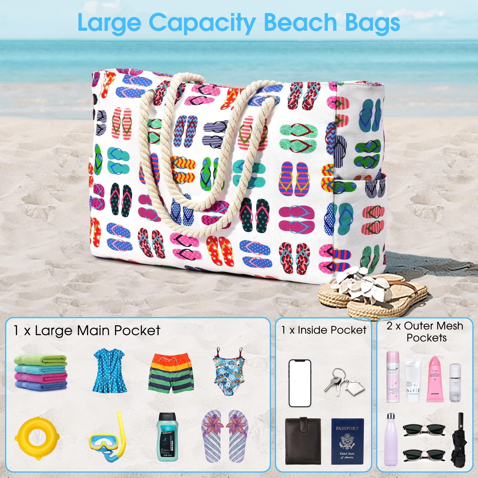 oscaurt Sac de plage à rayures - Sac de plage étanche - Grand sac de plage avec fermeture éclair - Sac de shopping pour femme - XXL - Famille - Sac de courses - Sac à bandoulière - Uni - Sac de voyage