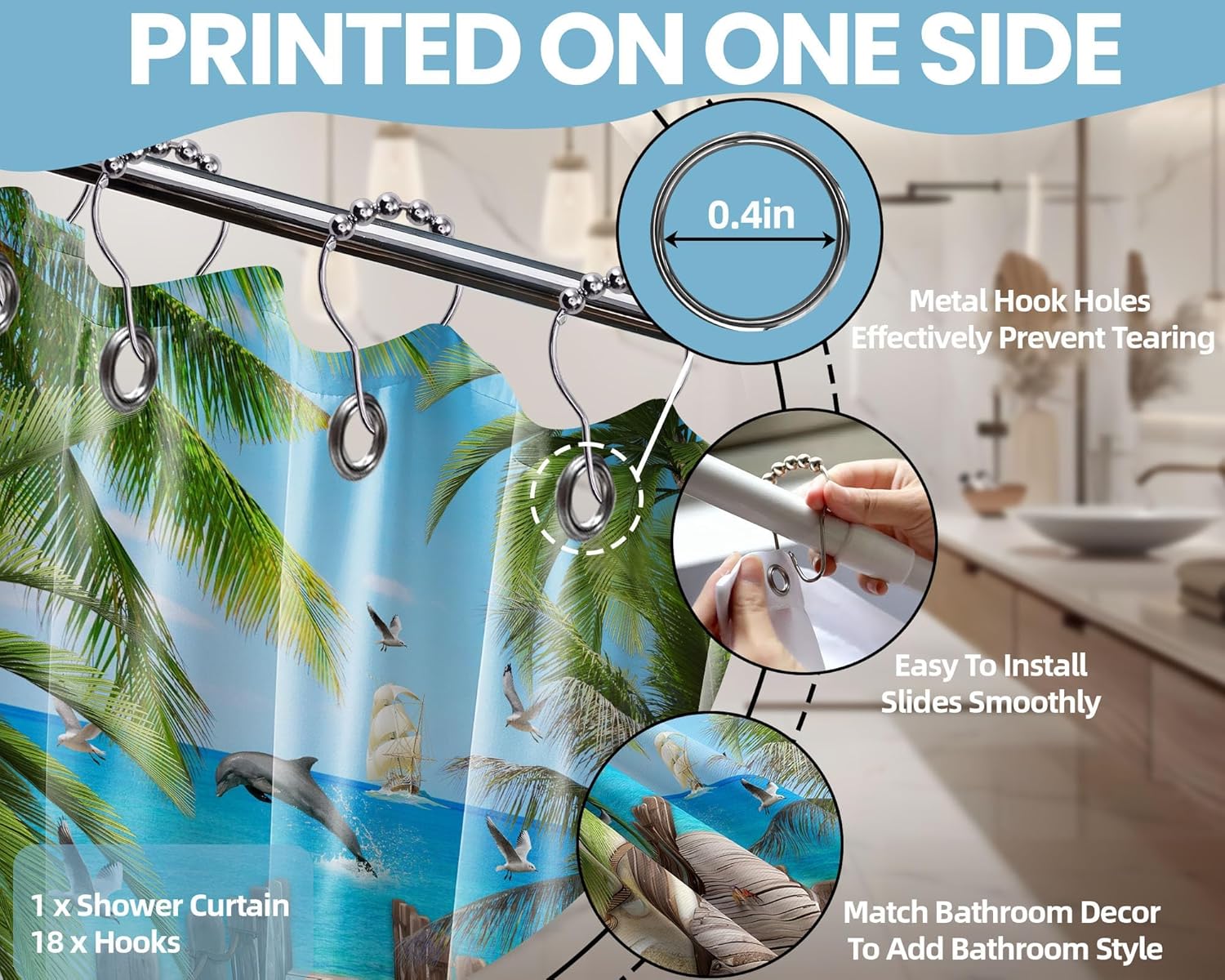 Summer Beach Shower Curtains for Bathroom Palm Tree Nature Ocean Sunset Scene Bath Decor Sets, Waterproof Cloth Fabric with Hooks 108x72 inch