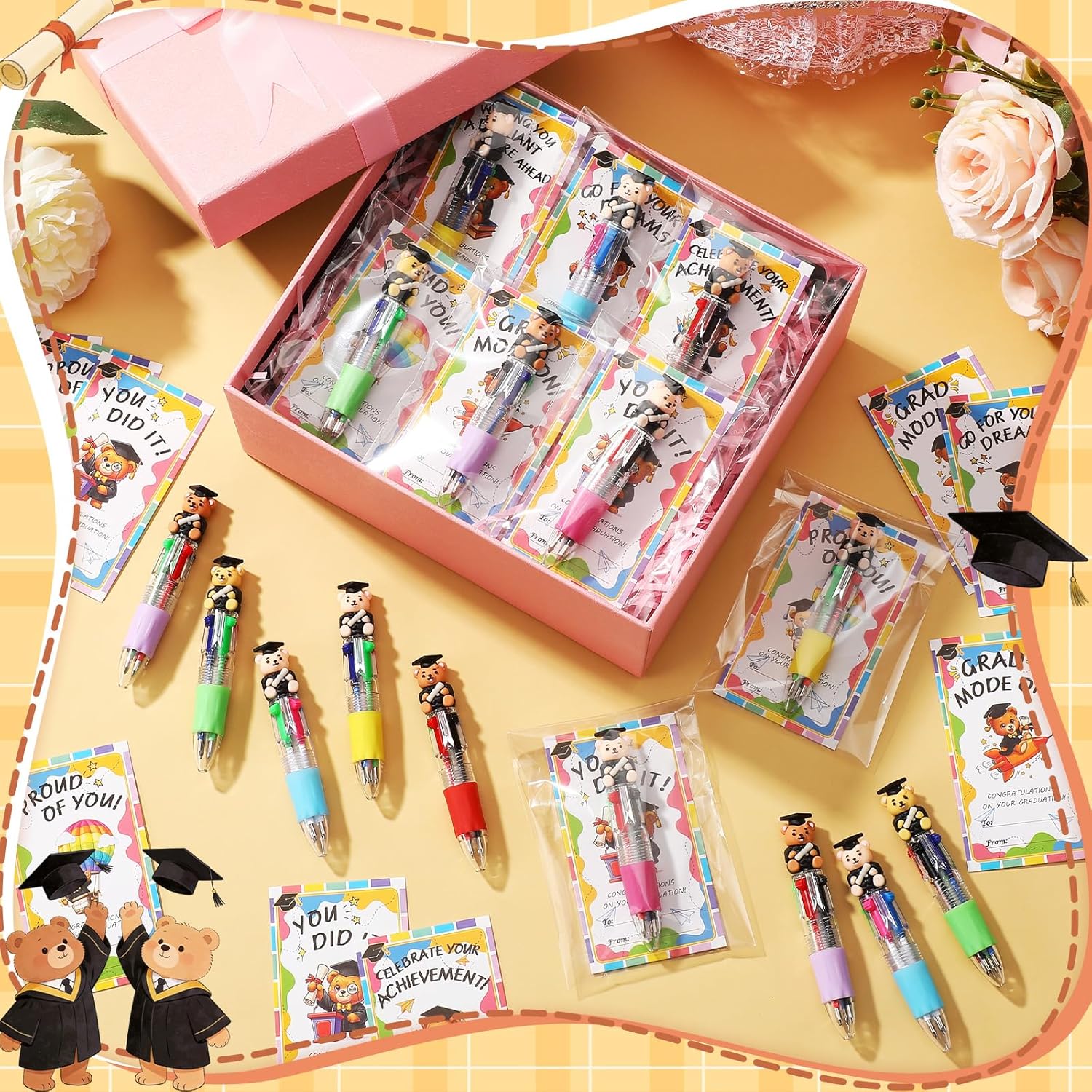 Crtiin 24 Sets Graduation Gifts for Students Bulk, Mini Multicolor 4-in-1 Ballpoint Pens with Inspirational Cards, Graduation Party Favors Exchange Gifts Bulk End of Year(Bear)