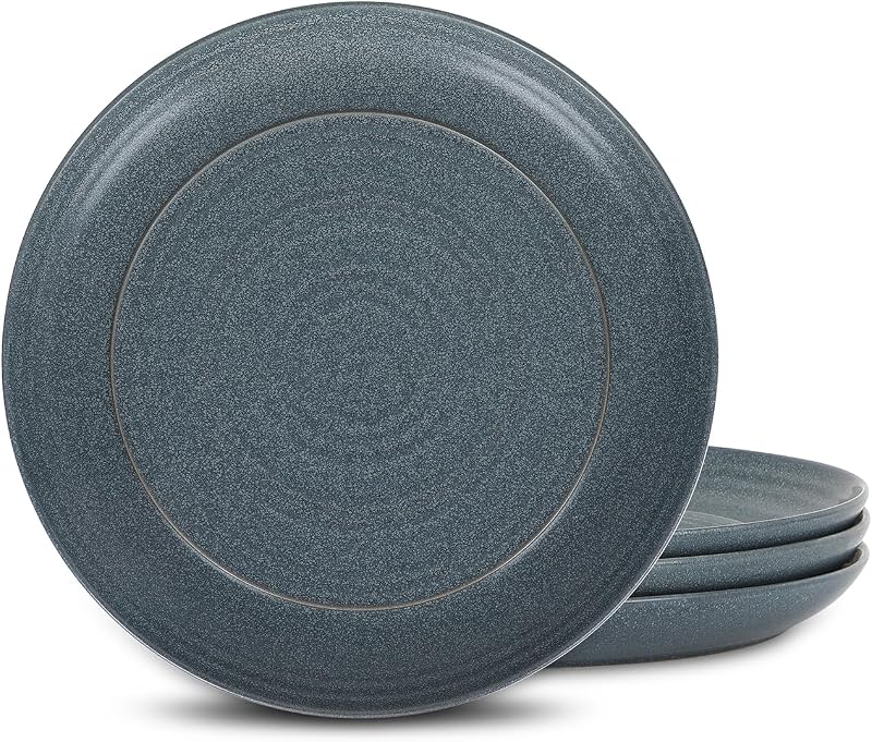 Juego de platos llanos redondos Elio de 4 piezas - Platos de gres azul de 10,5" con acabado texturizado para comidas y entretenimiento diarios - Vajilla apta para microondas y lavavajillas | Platos llanos de gres duraderos ideales para servir platos principales, pasta, comidas y entretenimiento diarios, aptos para microondas y lavavajillas