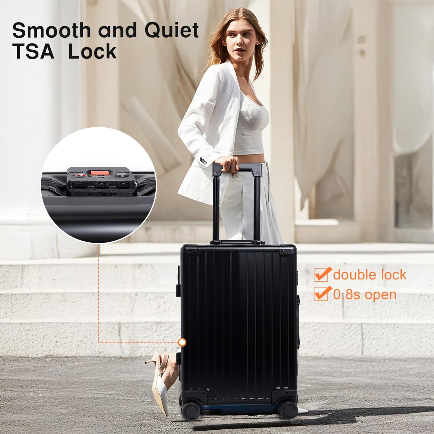 all aluminum 24 inch check in luggage hard shell suitcases with spinner wheels and tsa lock, checked medium suitcase (black) black 24