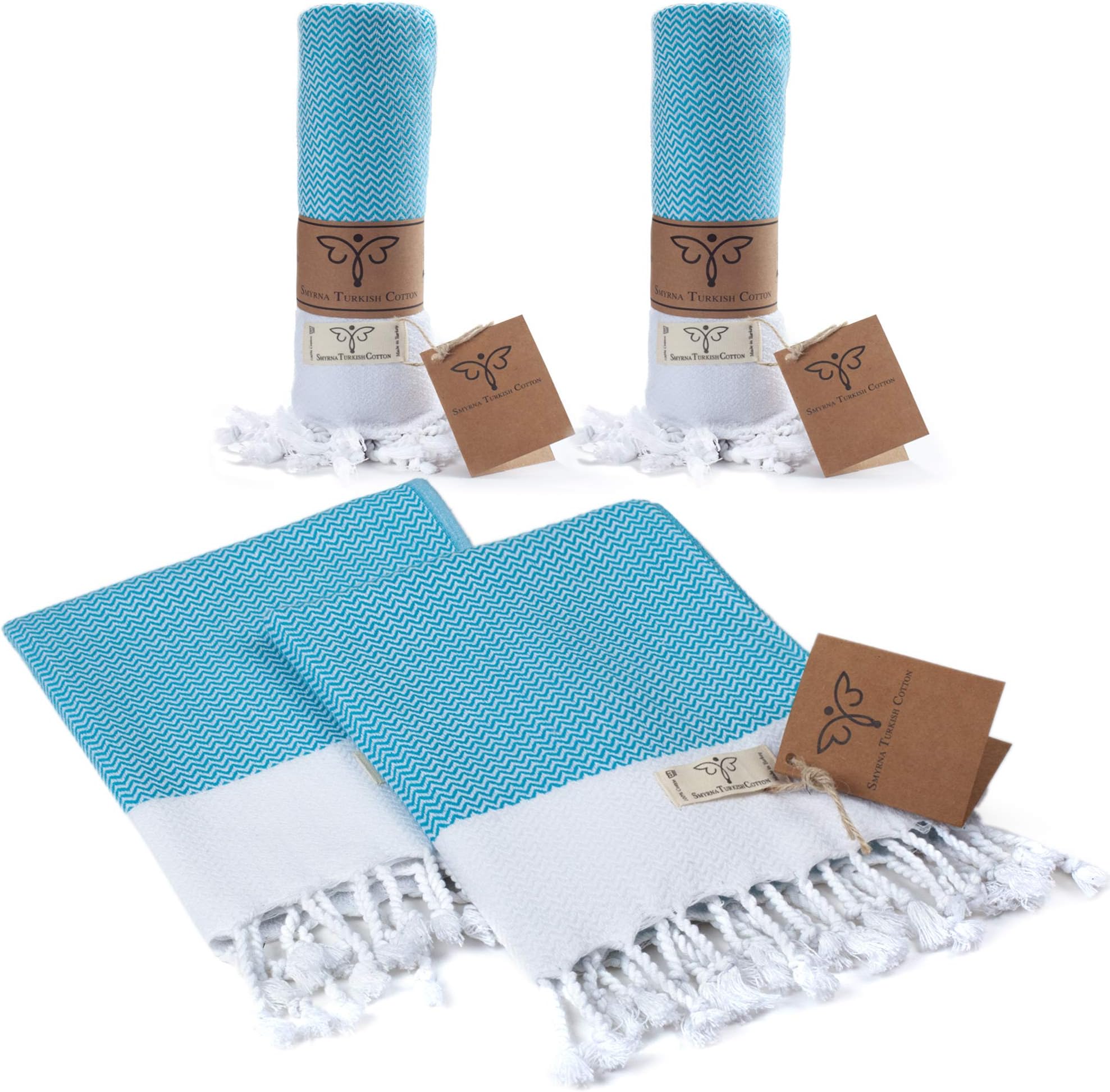 Smyrna Original Turkish Hand Towels Orientina Series Set of 2 | 100% Cotton, 16 x 40 Inches | Decorative Bathroom Peshtemal Towel for Hand, Face, Hair, Gym, Yoga, Tea, Kitchen and Bath (Turquoise)