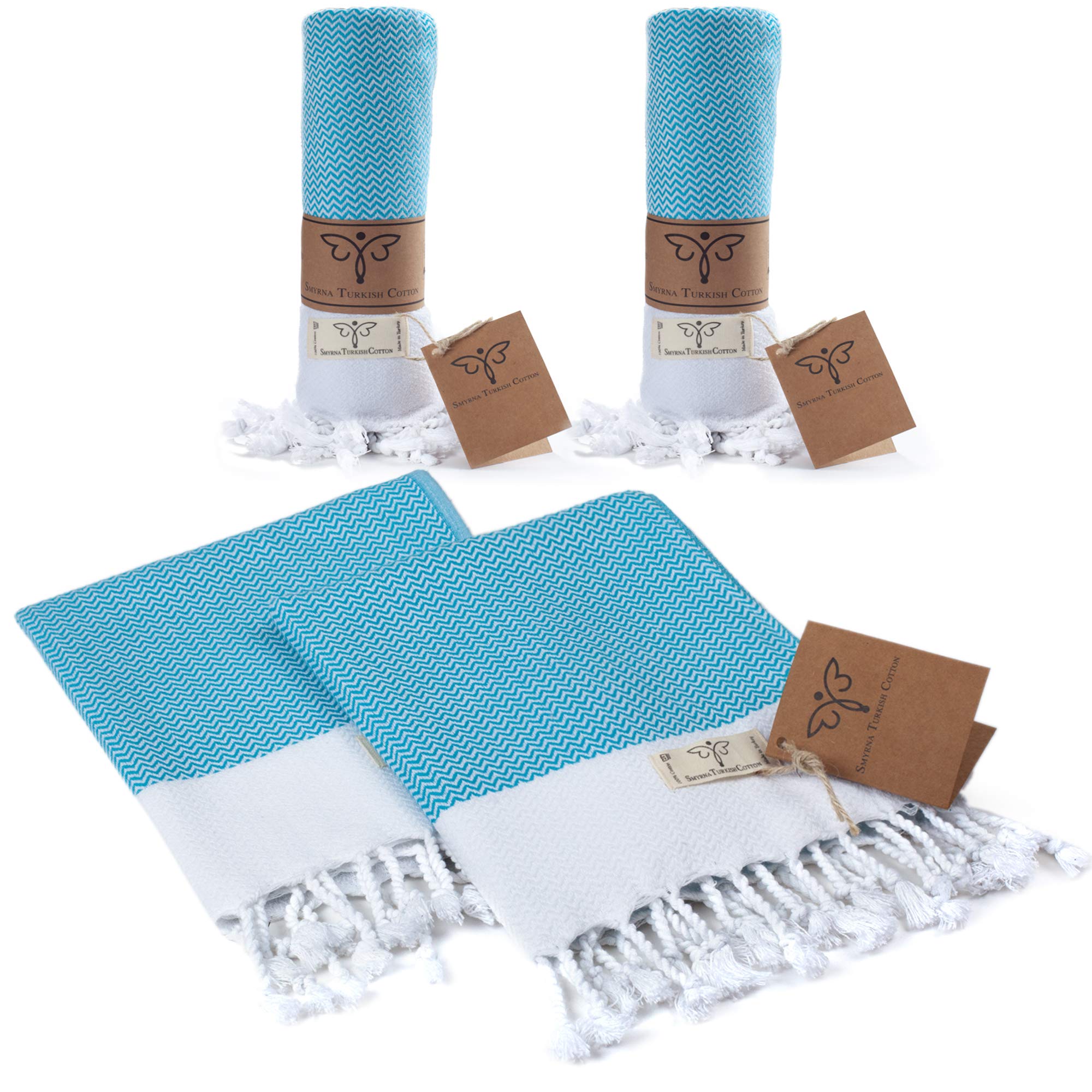 Smyrna Original Turkish Hand Towels Orientina Series Set of 2 | 100% Cotton, 16 x 40 Inches | Decorative Bathroom Peshtemal Towel for Hand, Face, Hair, Gym, Yoga, Tea, Kitchen and Bath (Turquoise)