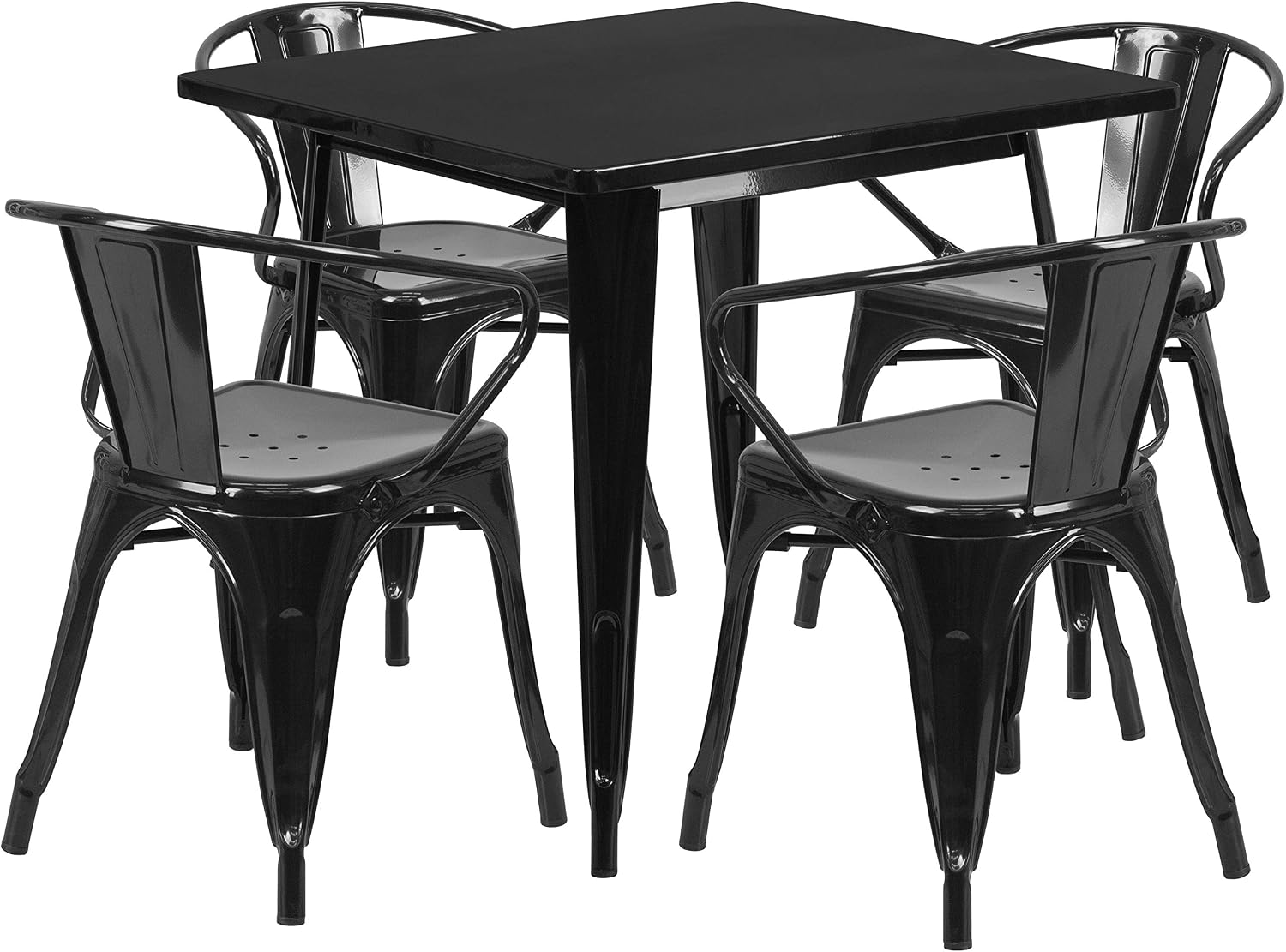 EMMA + OLIVER Commercial Grade 31.5" Square Black Metal Indoor-Outdoor Table Set-4 Arm Chairs
