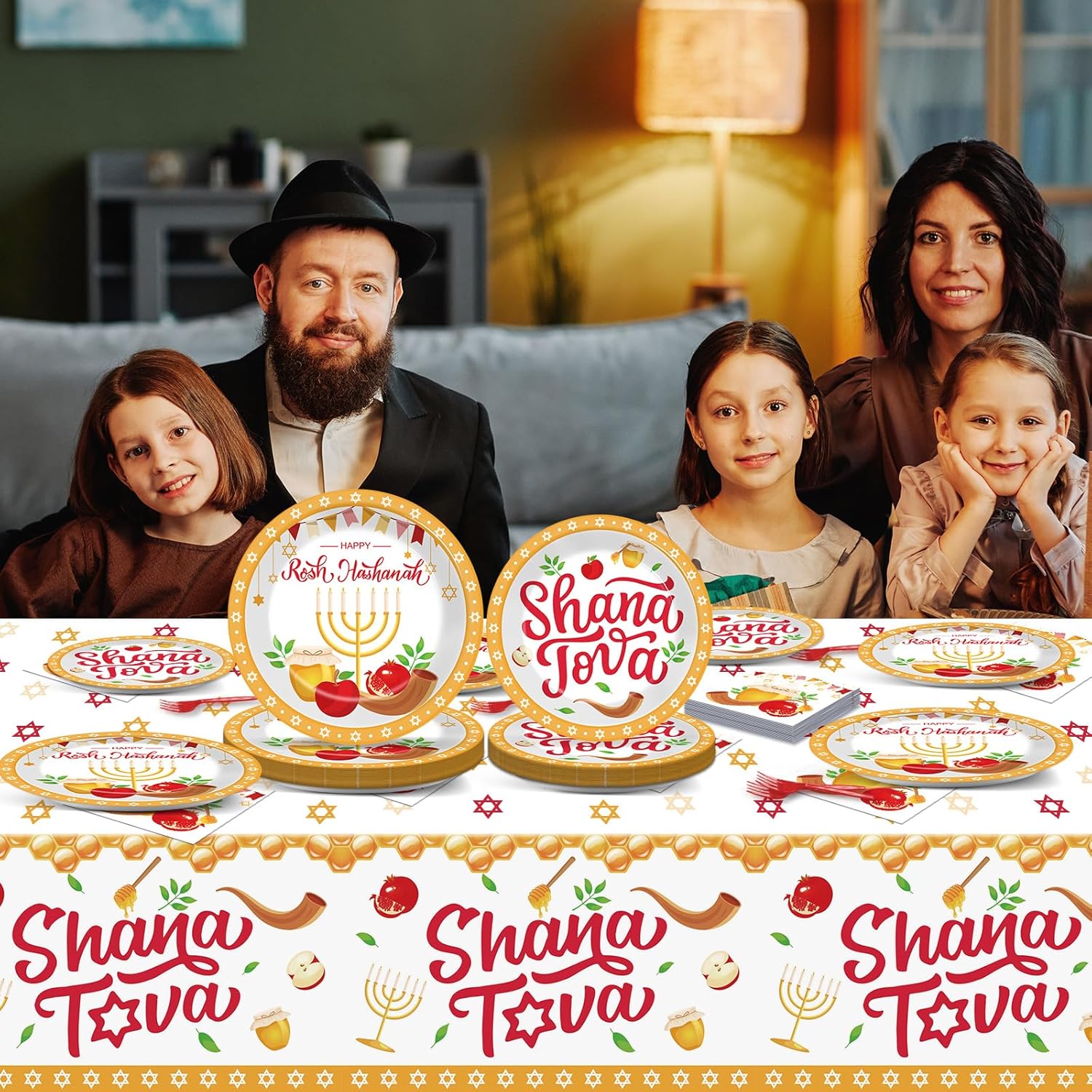 98 Pcs Rosh Hashanah Party Supplies Jewish New Year Plates Shana Tova Party Tablecloth Rosh Hashanah Party Decorations for Kitchen High Holy Day Tableware Paper Forks Napkins Plates for 24 Guests