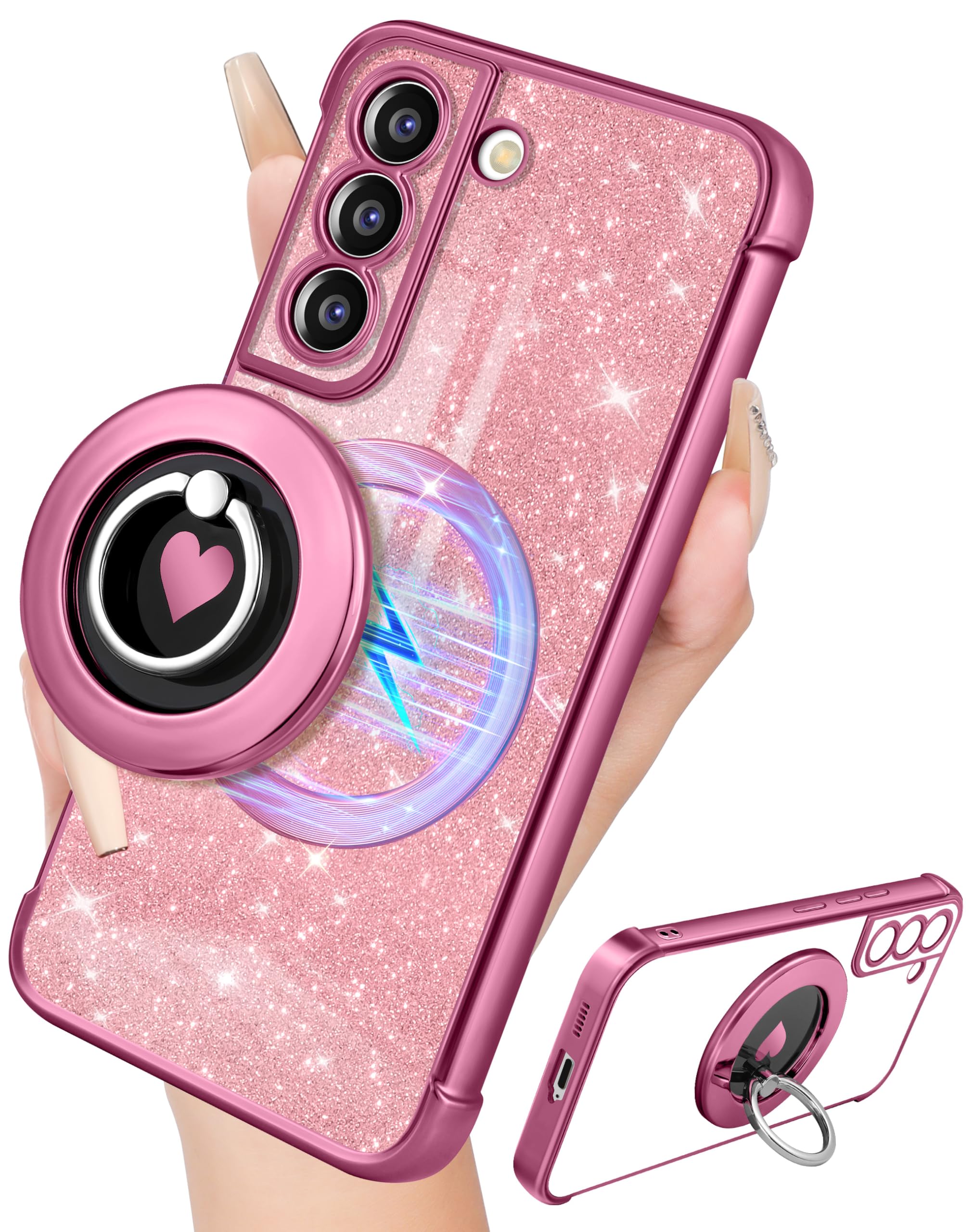 LISEVO for Samsung Galaxy S21 Plus Case - Women Glitter Bling Girls Compatible with MagSafe Ring Stand Magnetic Phone Case Cute Sparkly Luxury Elegant