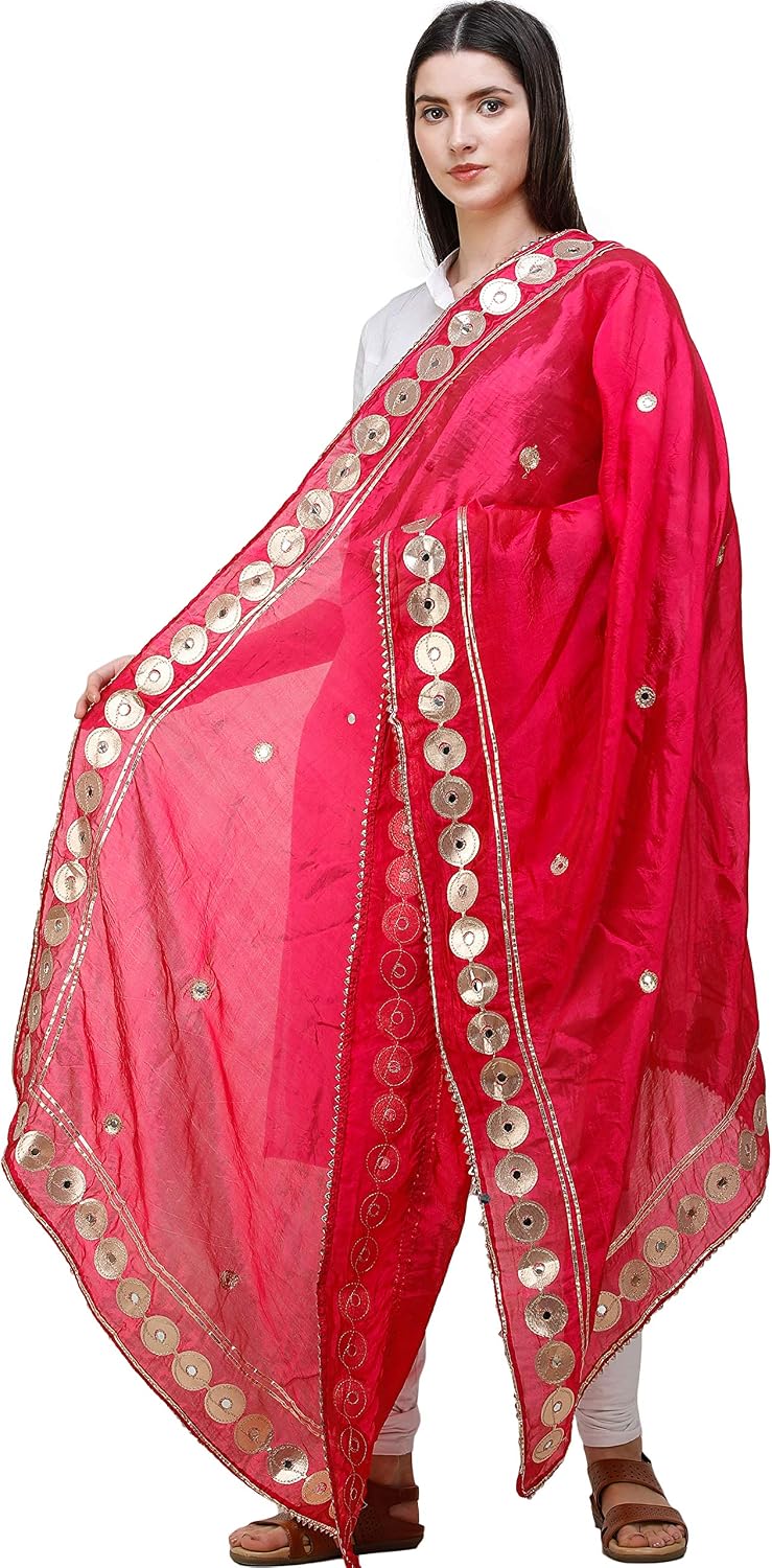 Exotic India Art Silk Dupatta with Embellished and Patch Border | Ethnic Design Stole, Chunni for Women's