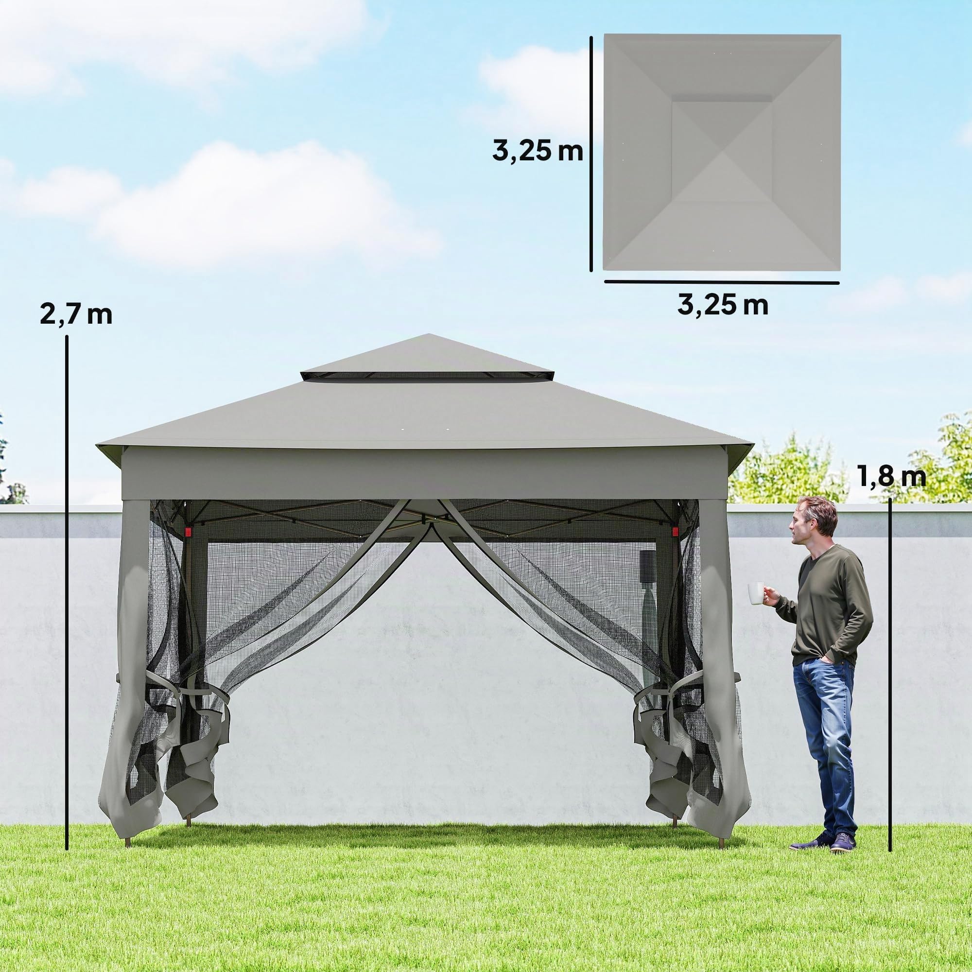 Outsunny Carpa Plegable Gazebo 3,3x3,3 m con 4 Paredes Laterales Gris Claro | Cenador Plegable, Malla Anti-UV, Bolsa de Transporte, para Camping Fiestas