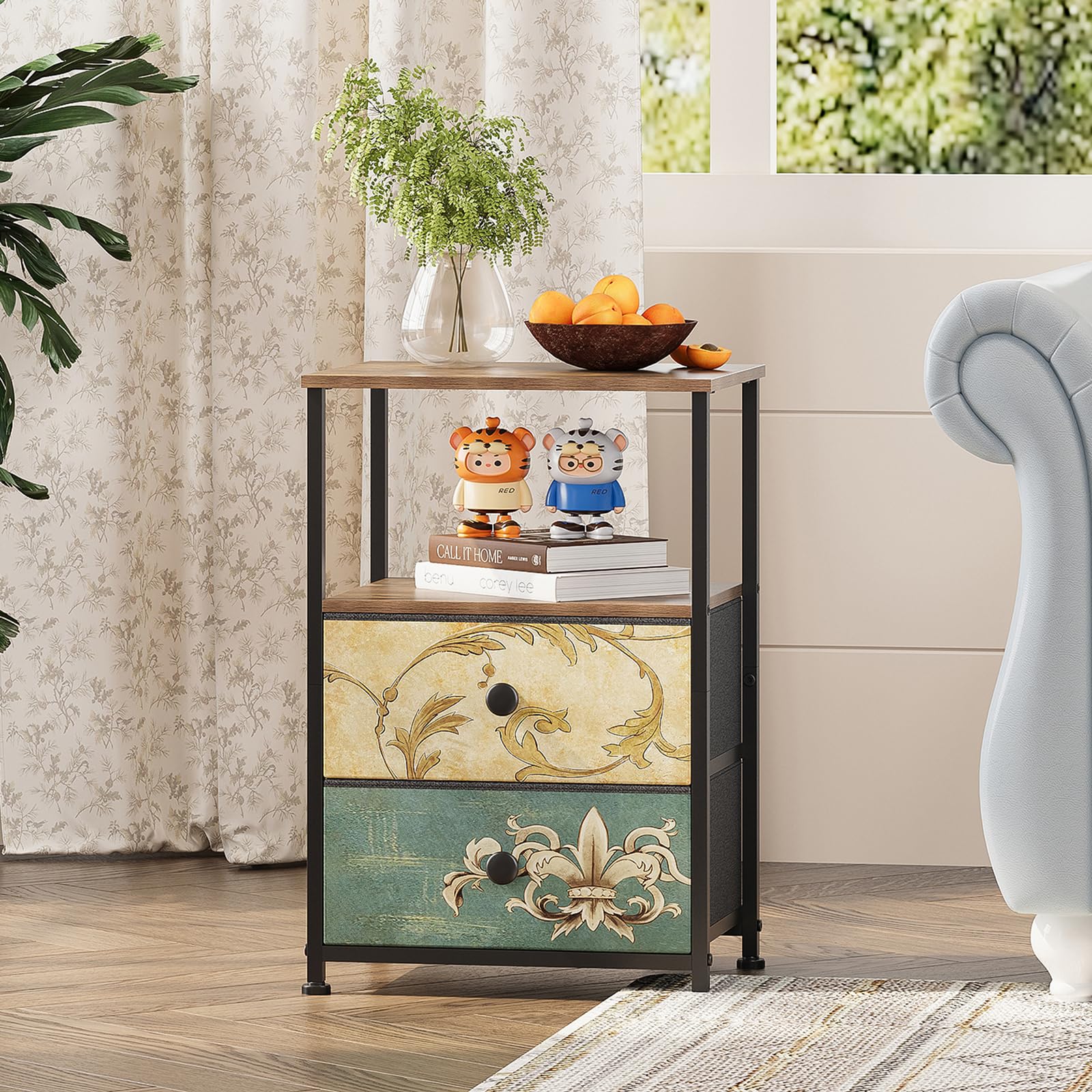 VEDECASA Comò con 2 cassetti e ripiano aperto, armadio con cassettiera, tavolo da trucco bohemio, armadio portaoggetti, comodino, tavolino per soggiorno e camera da letto, struttura in acciaio stabile