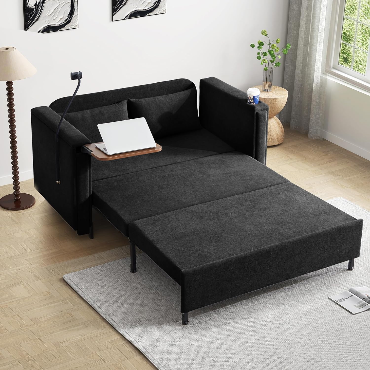 3-in-1 Convertible Sleeper Sofa Couch with Pullout Bed, Loveseat Sleeper Sofa Bed with Hidden Side Table, 56" Full Size Folding Futon Couch for Living Room Guest Room Apartment Home Office (Black)