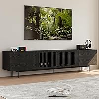 POVISON Fully Assembled Mid-Century Modern TV Stand for 85+ Inch TVs - Slatted Door Wood Media Console with Storage & Metal Legs