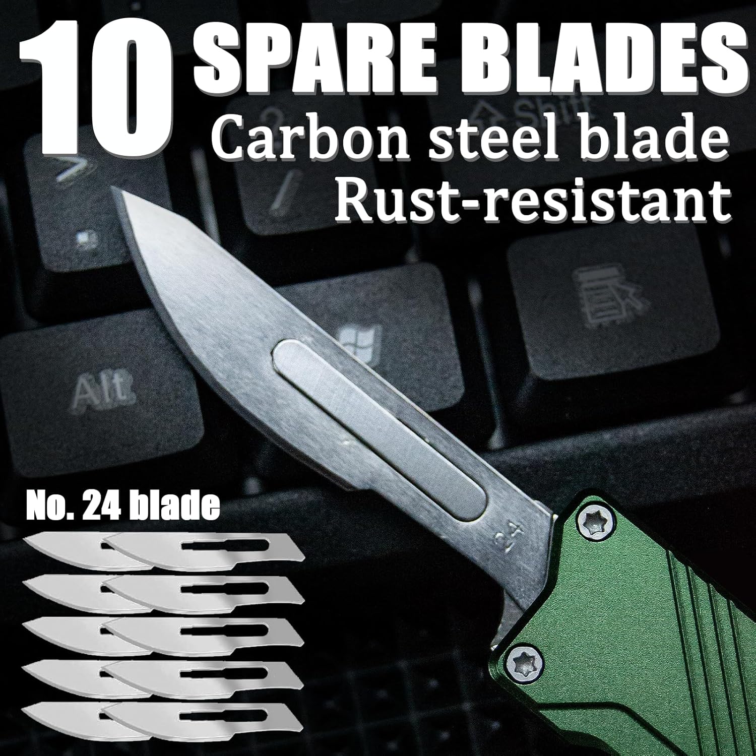 Retractable Utility Knife EDC Aluminum Alloy Box Cutter with 10pcs #24 Quick-change Blades (D28-Green)