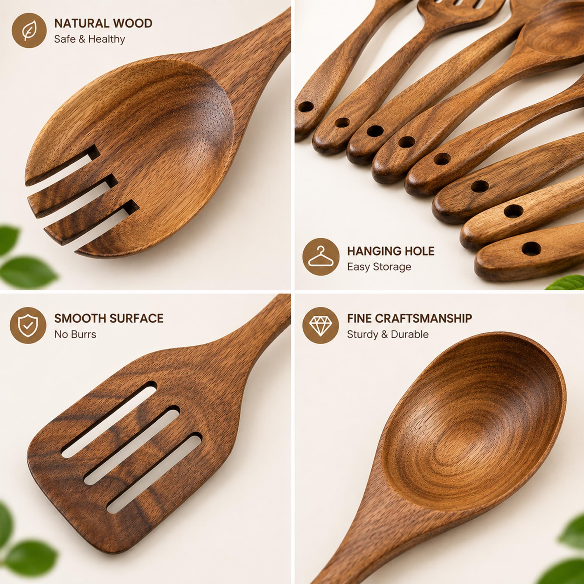 Kitchen Utensils Set 8 Piece Teak Wooden Cooking Utensil Set Non-Stick Pan Wood Spoons and Spatula Cookware for Home Everyday Use &Kitchen Tools (8pcs)