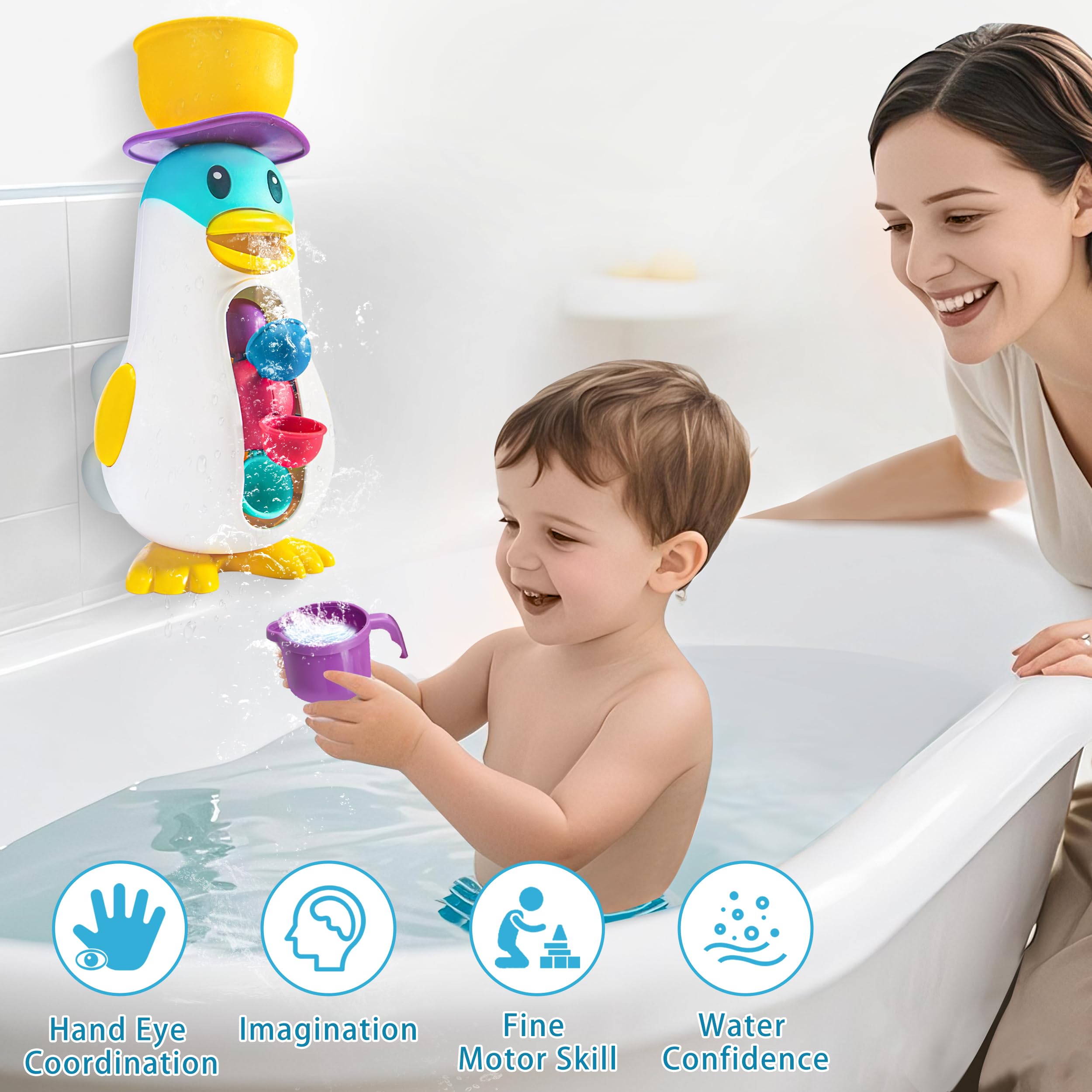 Juguete de baño para bebé, juguetes de bañera para niños pequeños con ventosas, juguetes de baño de pingüinos con rueda de agua giratoria, regalo de cumpleaños para niños y niñas 4