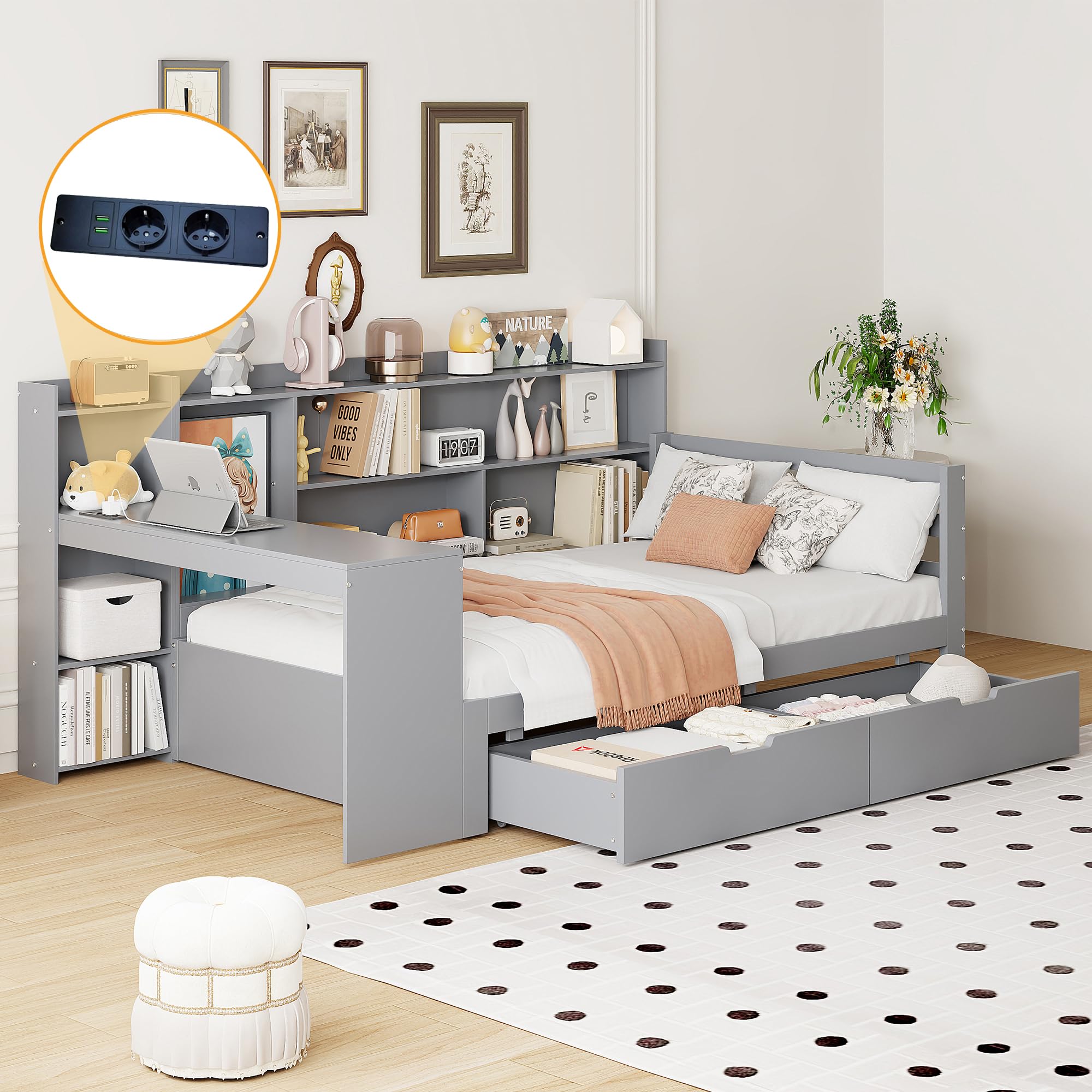 Wielofunkcyjna sofa z funkcją spania z litego drewna z wbudowanym biurkiem, gniazdkiem i miejscem do przechowywania – zajmuje mało miejsca 90 x 200 cm, w kolorze szarym do salonu, pokoju gościnnego