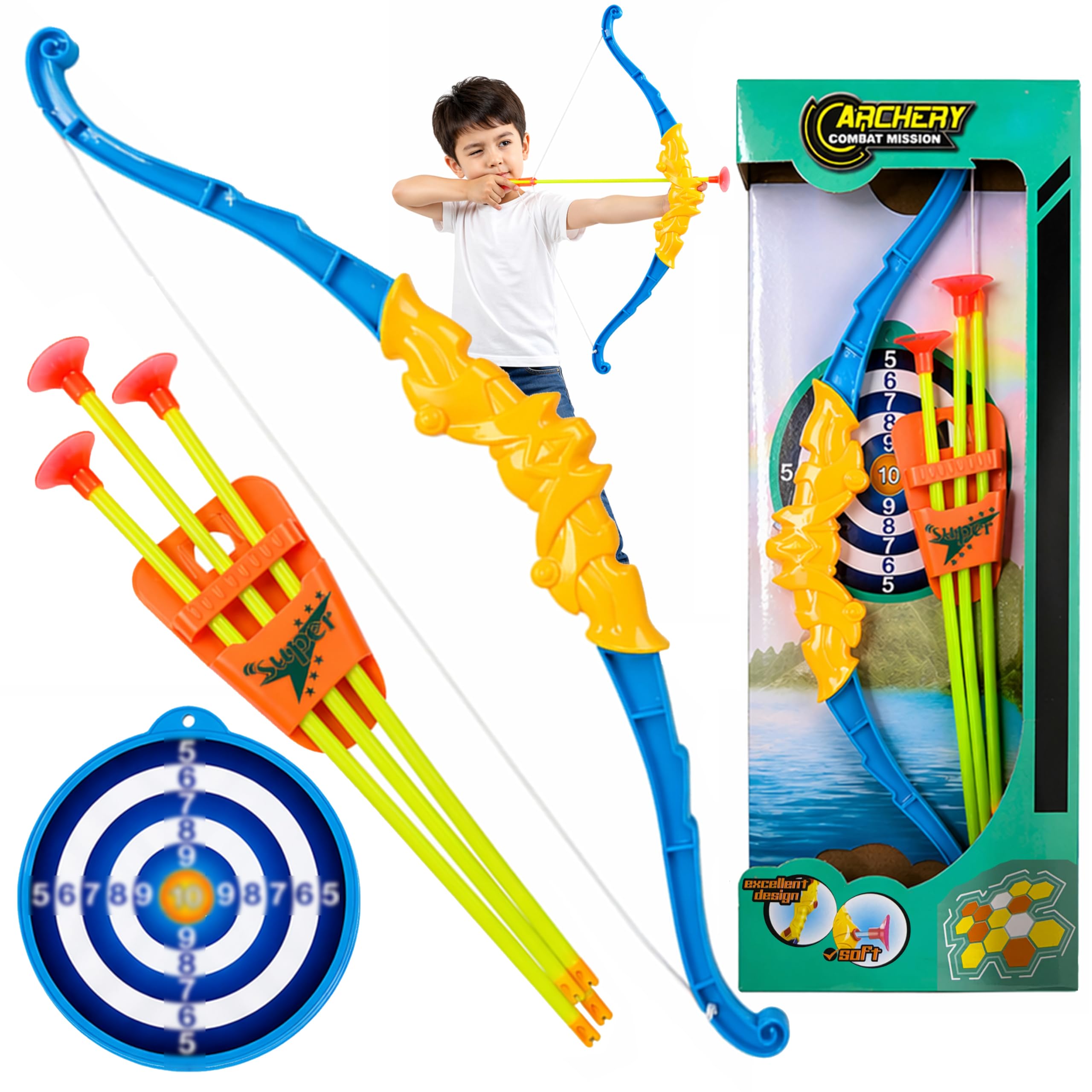 Bow and Arrow Set for Kids with Target & Suction Cup Arrows, Kids Archery Toy Shooting Game, Indoor Outdoor Sports Toy, Educational Gift for Boys Girls Age 3+
