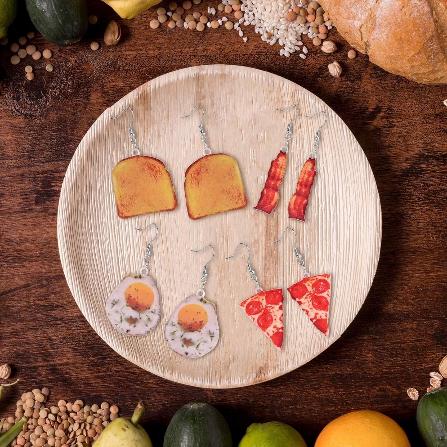 Food Earrings for Women Cute Poached Egg Pizza Bread Earrings Unique Funny Handmade Fried Bacon with Sunny Side up Egg Earrings Cartoon Food Earrings Set Acrylic 2D Food Jewelry Gifts - Image 5