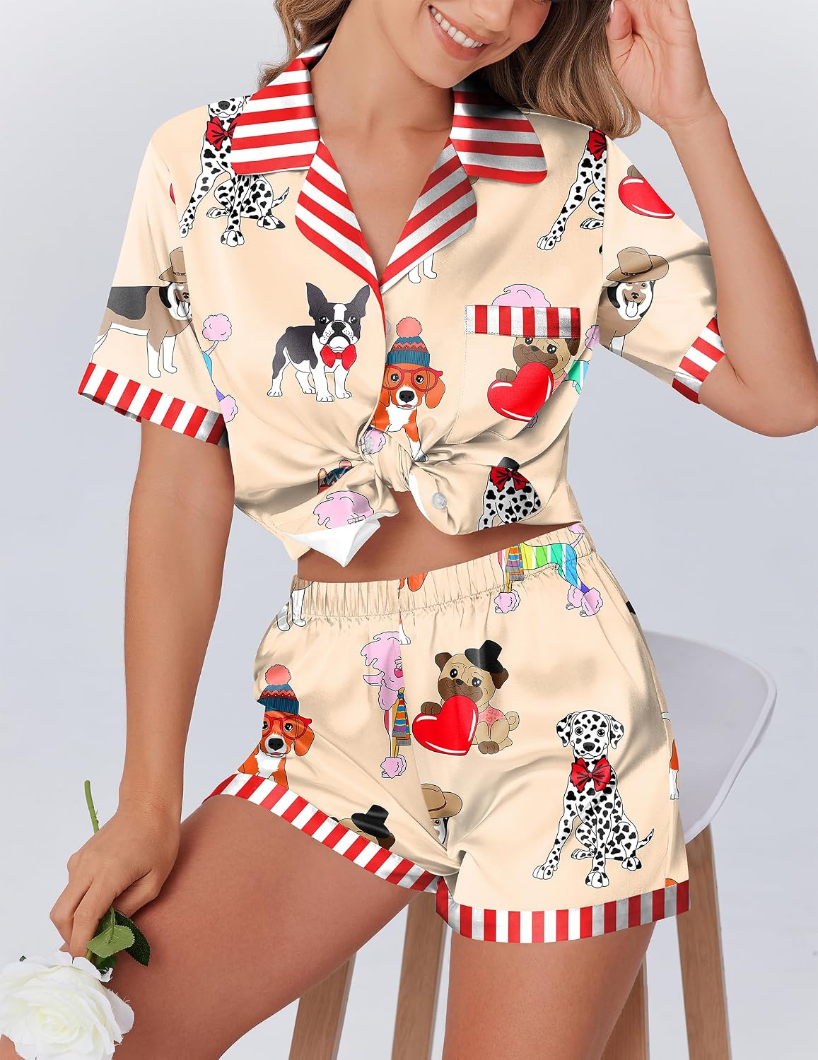 Ekouaer Womens Silky Satin Pajamas Set Short Sleeve Colorful Print Pjs image 3