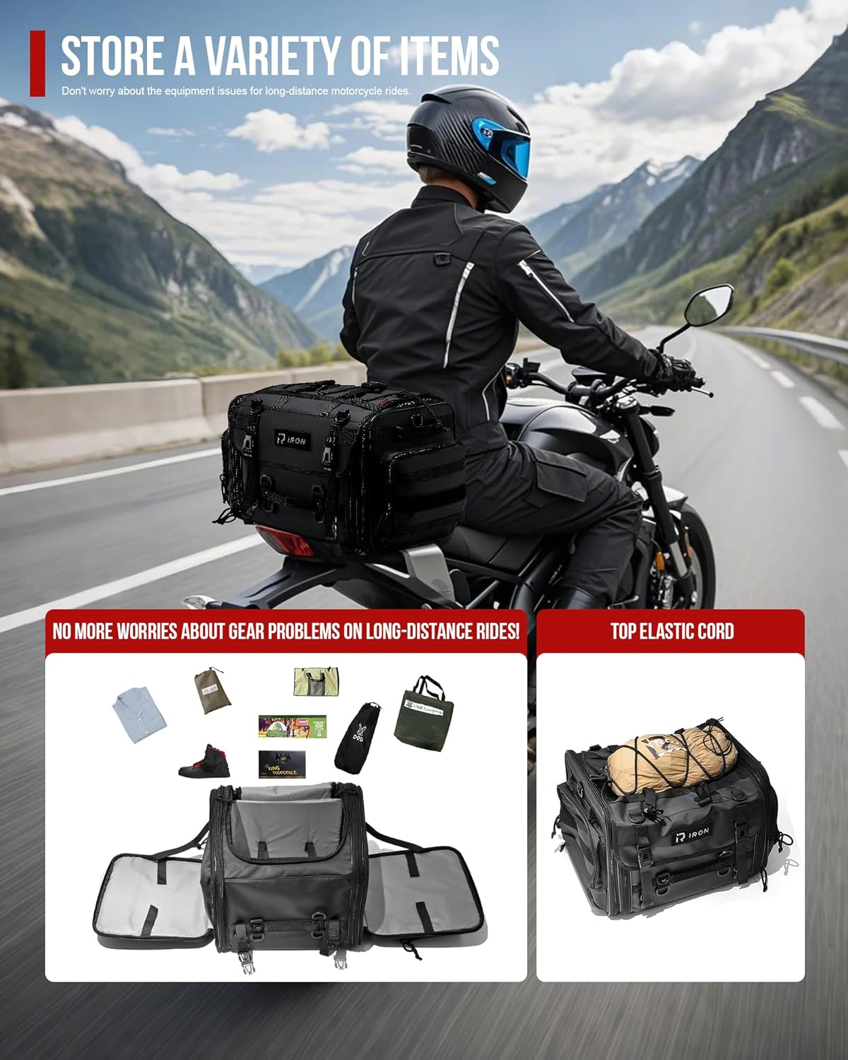 Motorcycle Tail Bag, Expandable Motorcycle Travel Luggage Bags 40L-60L, Waterproof Rear Rack Trunk with Rain Cover and Sissy Bar Straps - Image 8