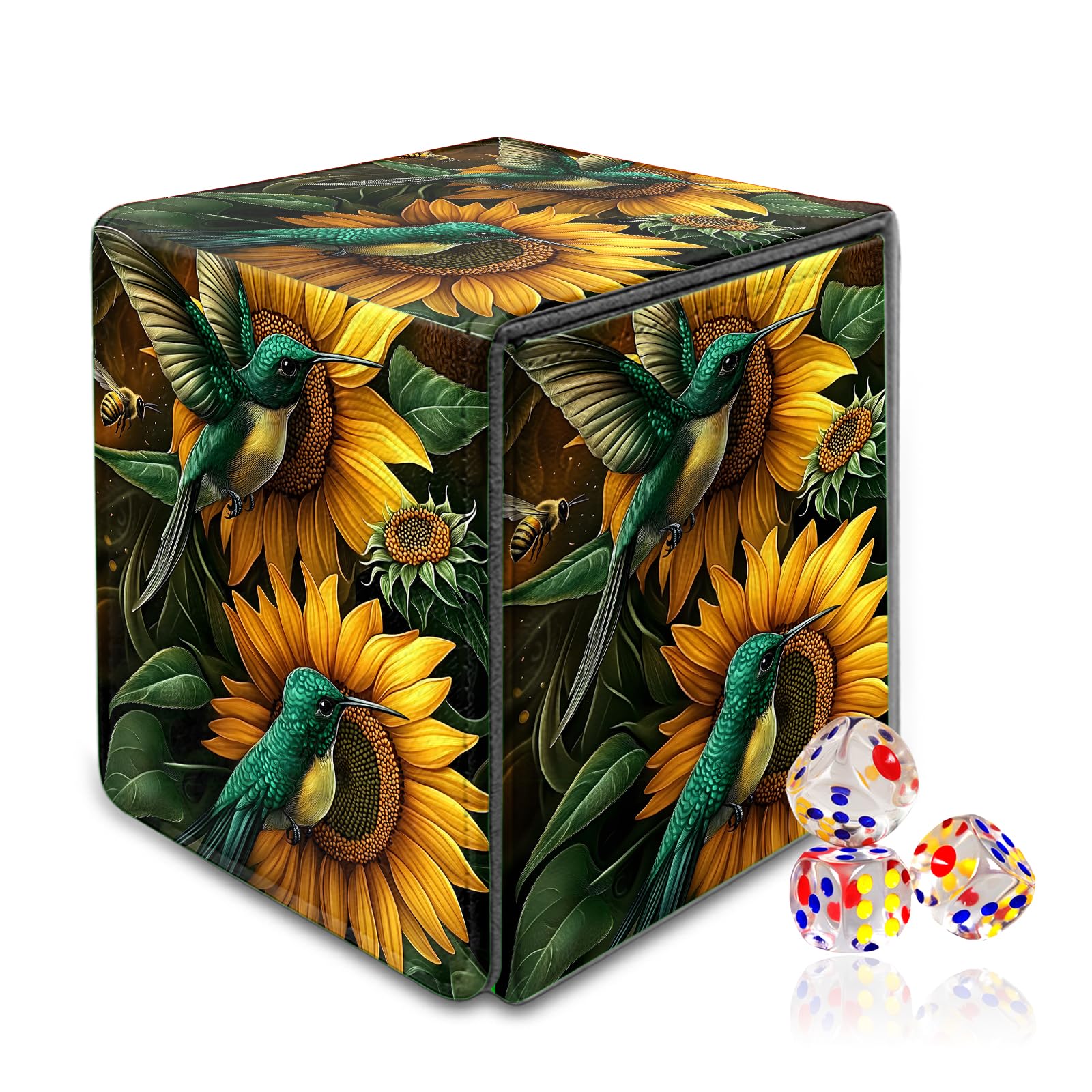 VOGDMKJG Trading Card Deck Box Fit 120+ Single Sleeved Cards,PU Leather Magnetic Closure Card Storage Box With 3 Dice For MTG/TCG/PTCG/Magic/Sport Card Storage Case Vertical Design Flower Hummingbird