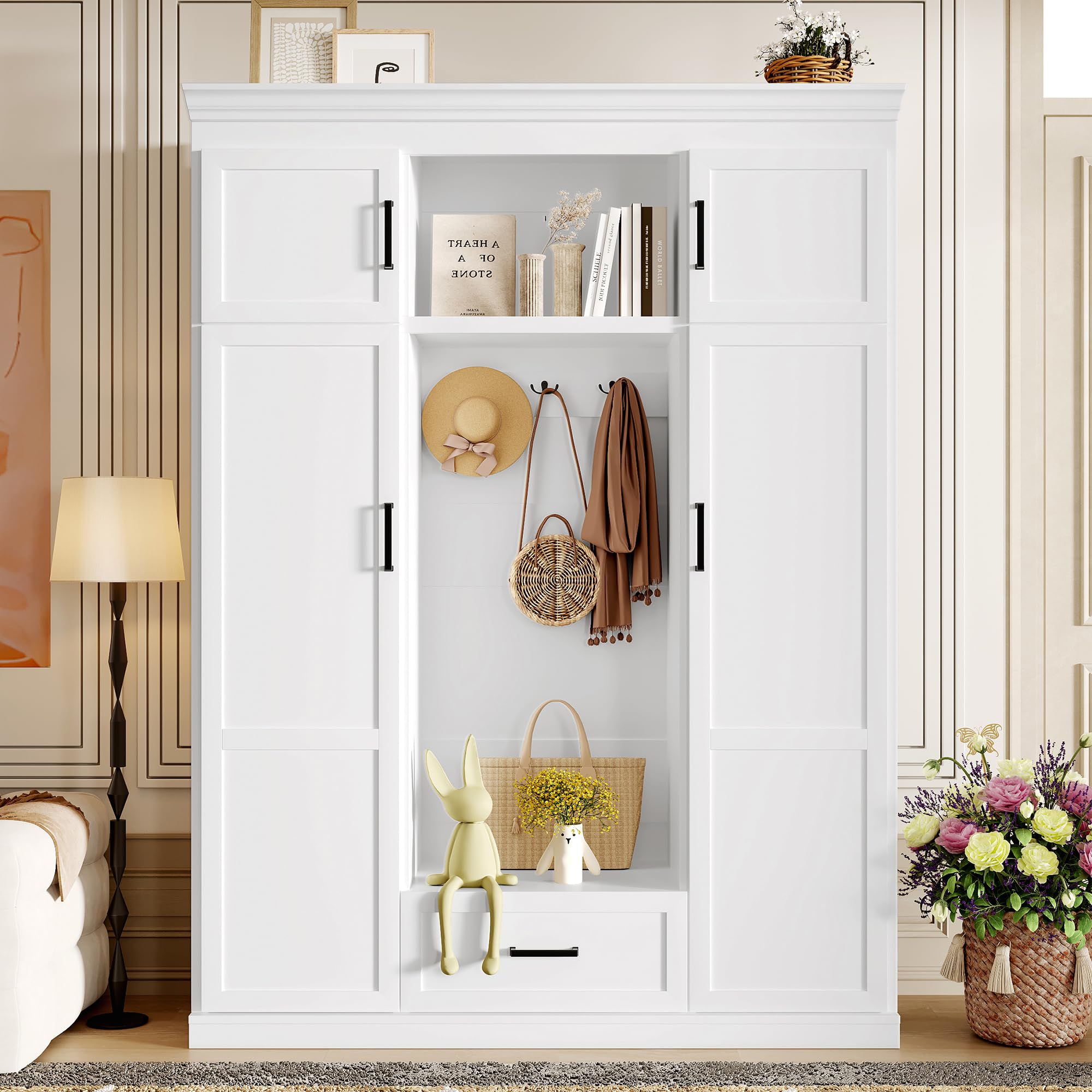 Hall Trees Uforic Farmhouse Hall Tree, 4-in-1 Coat Rack With