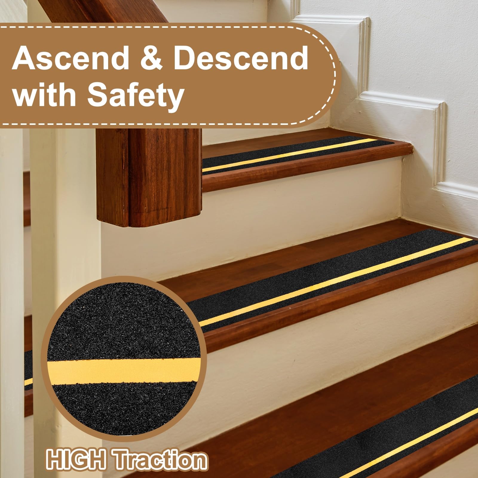 PATIKIL 15x61cm Cinta Antideslizante Para Escalones Negra, Paquete De 25 Tiras Autoadhesivas Antideslizantes Con Franja De 12mm Fosforescente Para Escalones De Madera
