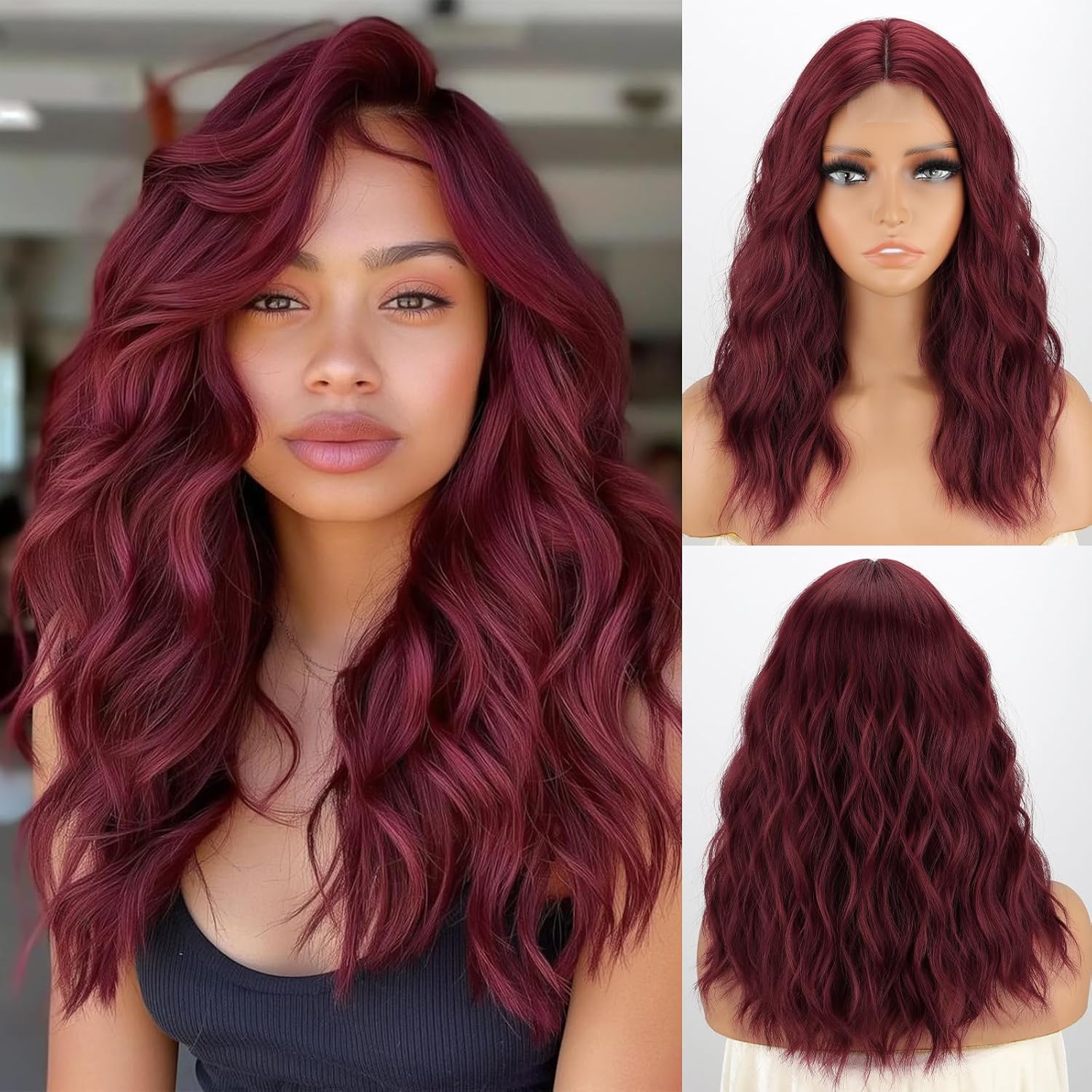MISSQUEEN Burgundy Red Short Wavy Wig 18 Inch Women's Middle Parted Curly Hair Synthetic Heat-resistant Natural Realistic Dark Red Wigs for Everyday Hairstyle Cosplay Party Use