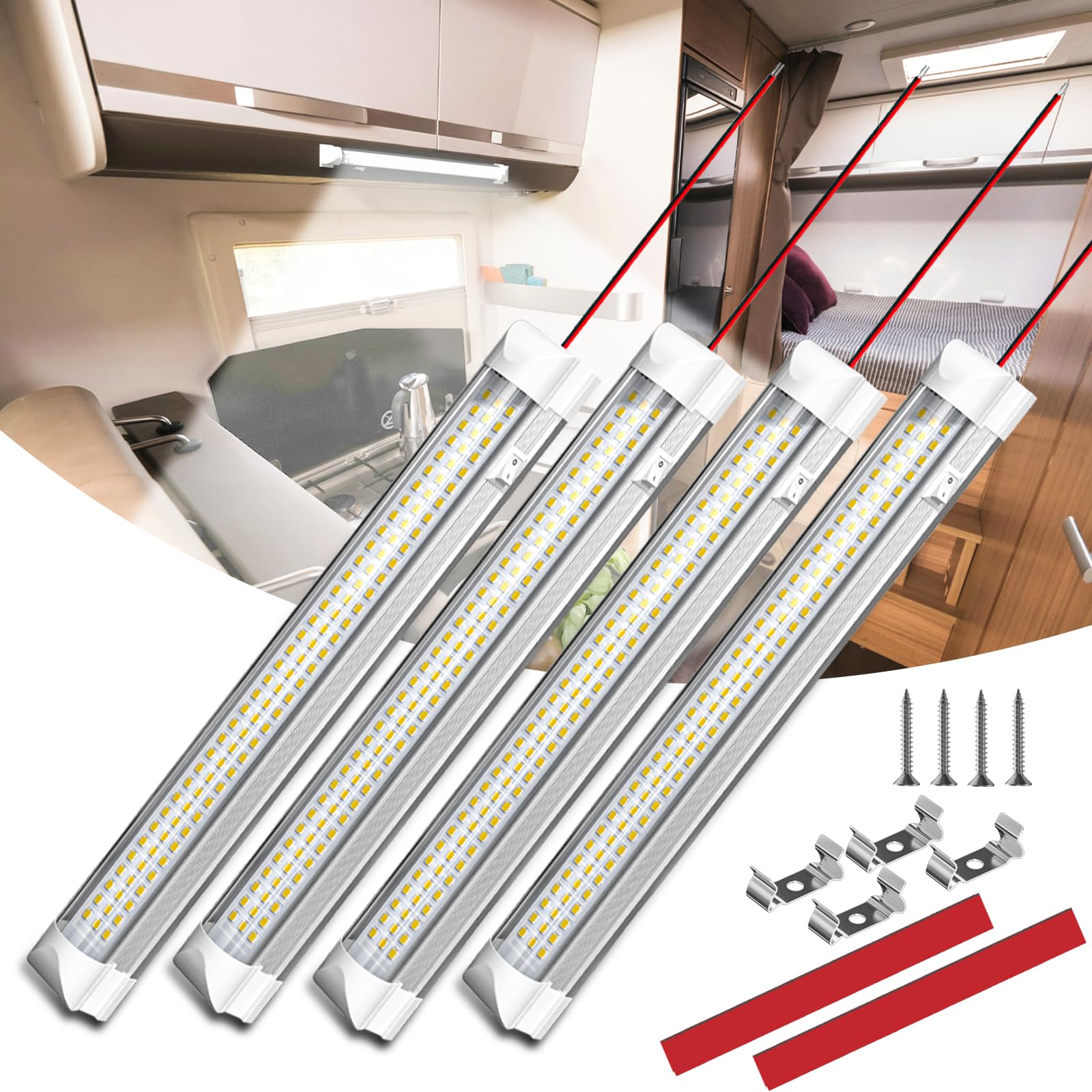 Lamptobe 12V LED Strip Lights, 12V LED Light with ON/Off Switch, 6000K White Campervan Interior Lights for Van Car Auto Camper Bus Caravan Motorhome Boat RV Kitchen Bathroom Cabinet, 4 Pack