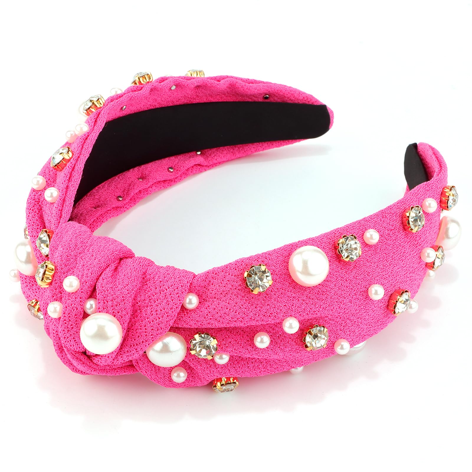 VELSCRUN Pearl Knotted Headband for Women - Pink Rhinestone Crystal Hair Accessory, Wide Top Knot Holiday Gift