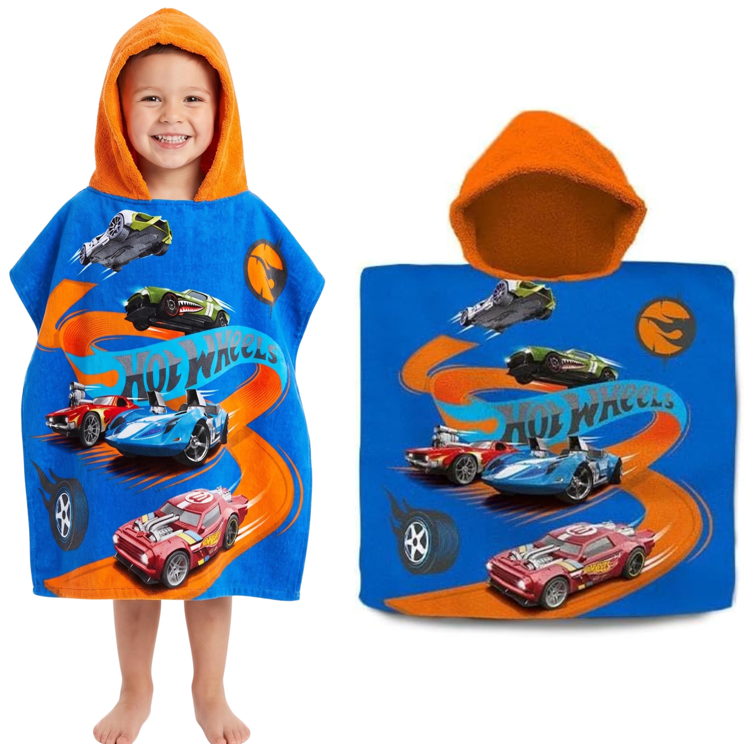 SRV Hub Hot Wheels Kids Hooded Towel Poncho 120x60cm | Boys Bathrobe for Swimming Pool, Surf & Beach | Soft Cotton Changing Towel for Ages 3-6 | Summer Car-Themed Fun