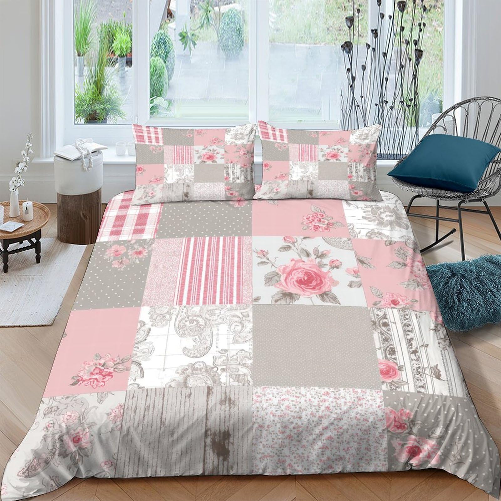 Ctjqhvkz Style-9 3D Printed Patchwork Floral Fitted Sheet Microfiber Pink Grey Bed Cover For Bedroom Guest Room Decor Easy Care Single（135X200cm）