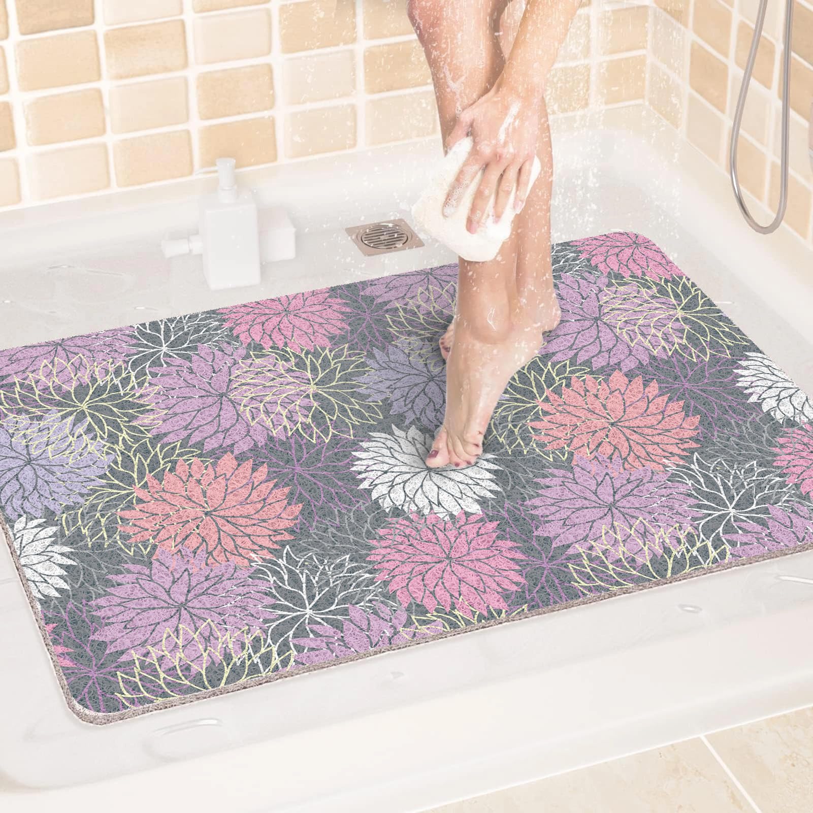 Loofah Shower Mat Non Slip, Shower Mats with Drain for Inside, 120x240cm Washable Bath Mats for Bathroom Floor, PVC Bathtub Pad for Elderly, Quick Dry (Purple Pink Gray)