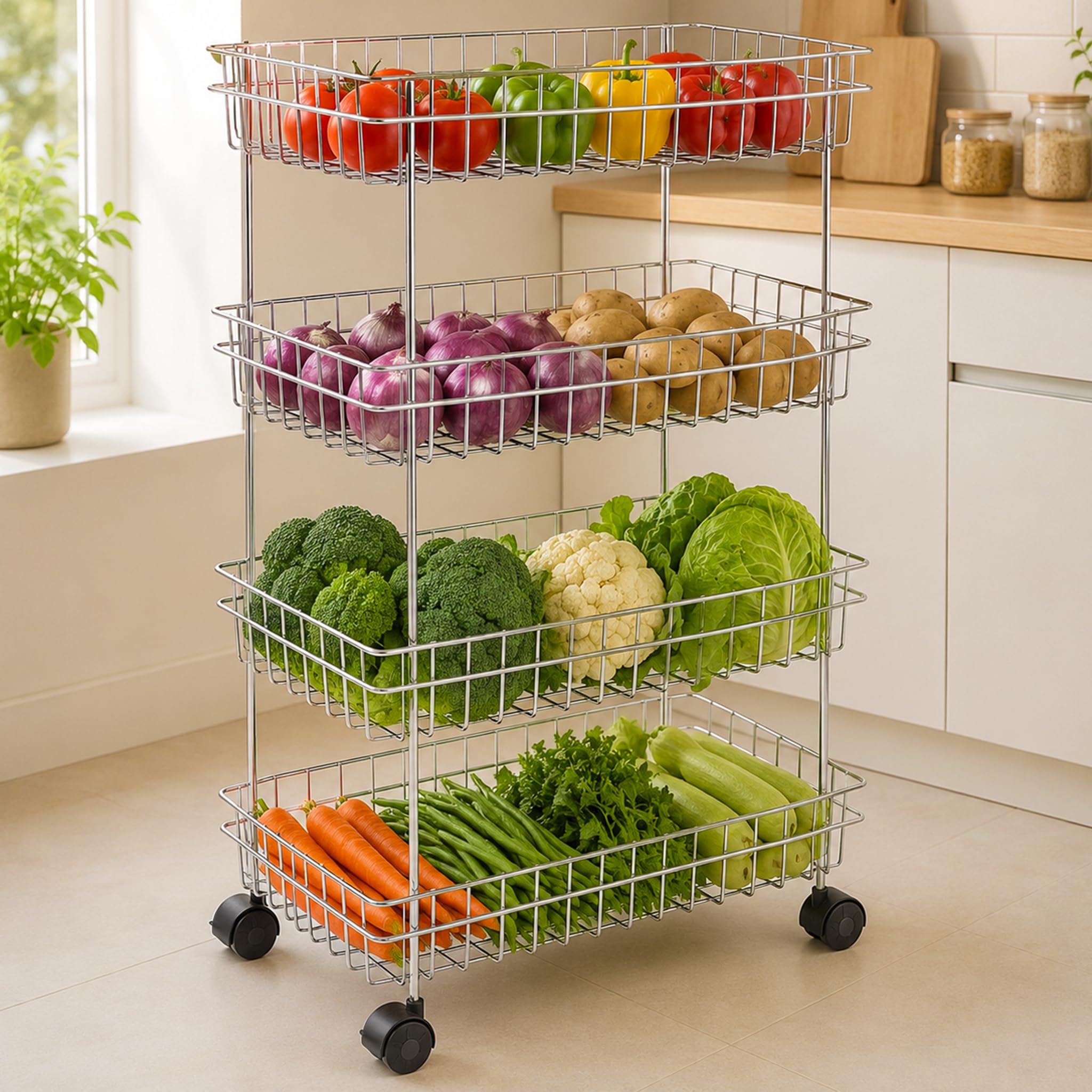 TEX-RO Stainless Steel Vegetable Stand for Kitchen with Wheels | 4 Tier Kitchen Trolley Organizer | Onion Potato Storage Rack | Multipurpose Steel Storage Rack & Vegetable Basket for Modular Kitchen-image-5