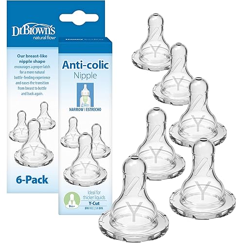 Dr. Brown’s Natural Flow Y-Cut Narrow Baby Bottle Silicone Nipple, Ideal for Thicker Liquids, 9m+, 100% Silicone Bottle Nipple, 6 Count