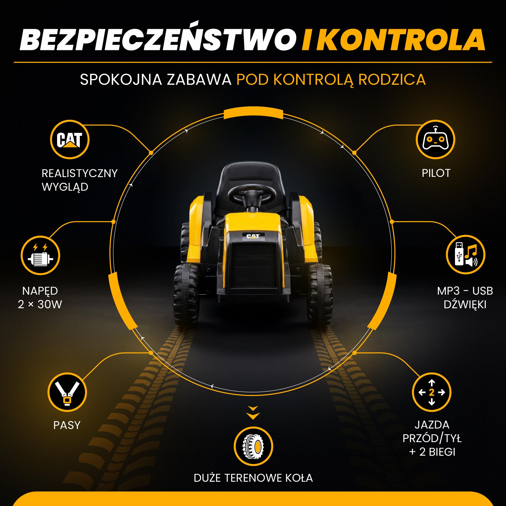SUN BABY CAT – Elektryczny Traktor Dziecięcy, Jeździk samochód na akumulator 12V z Pilotem, MP3 USB, Pasy Bezpieczeństwa, Duże Koła, Pojazd na Akumulator dla Dzieci 3–6 Lat
