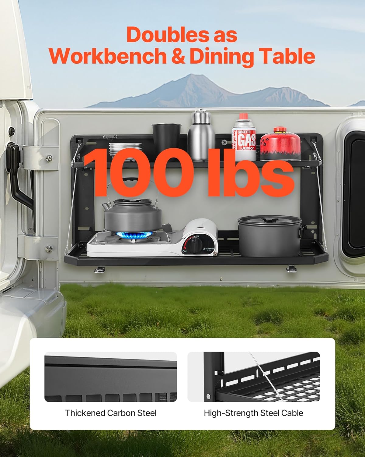 VEVOR Tailgate Table for Jeep Wrangler JL 2019 - Present, Carbon Steel Foldable Molle Panel Double-Layer Drop Down Table, Rear Cargo Storage Rack Shelf Luggage Holder Carrier Camping Accessories