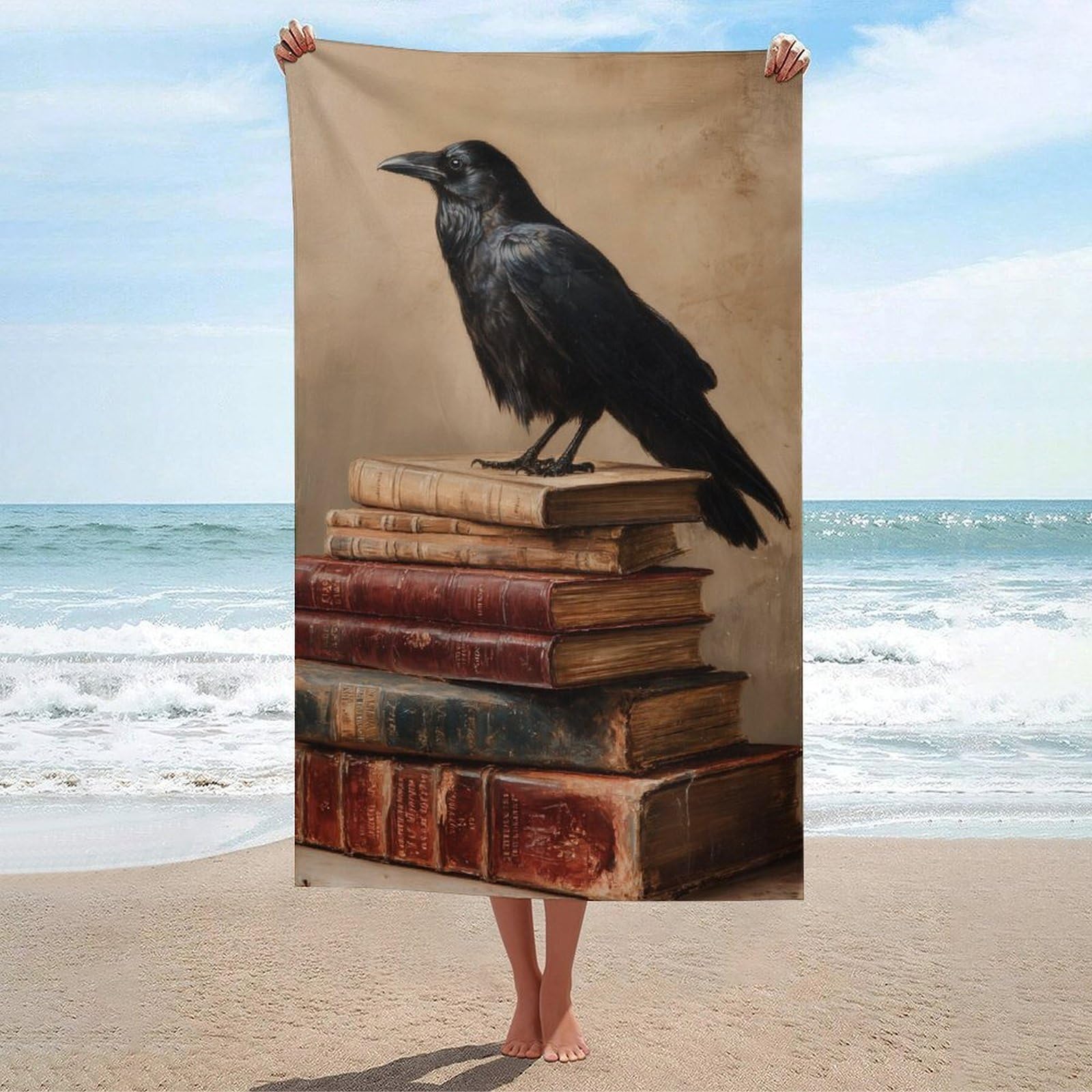 asbwuo Black Raven Bird on Stack of Antique Books Beach Towel