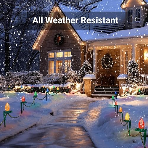 Miniatura 8 de SURAIELEC Luces de camino de Navidad C9, luz de Navidad para exteriores de 25 pies con 25 estacas, 25 bombillas LED multicolores, cadena de luces