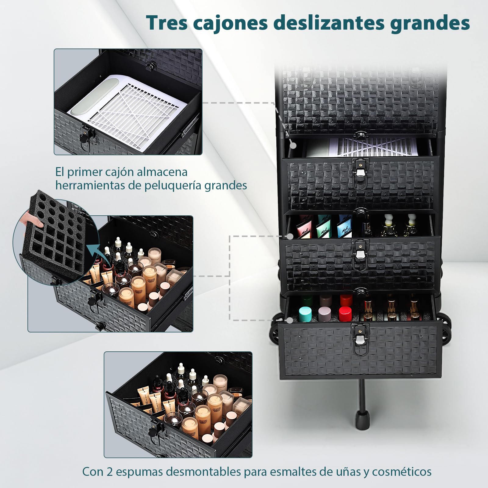 Maletín de Maquillaje con Ruedas, Maleta Profesional para Manicura y Peluquería con 3 Cajones y Sistema de Verrouillage, Negro
