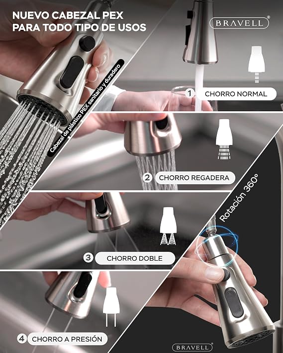 BRAVELL Removable Kitchen Tap, Kitchen Sink Tap with 4 Modes Rotatable 360° Torneira Cozinha Single Handle, Matte Stainless Steel, 3/8 Hoses, Easy and Complete Installation (Matte Steel 304 Stainless